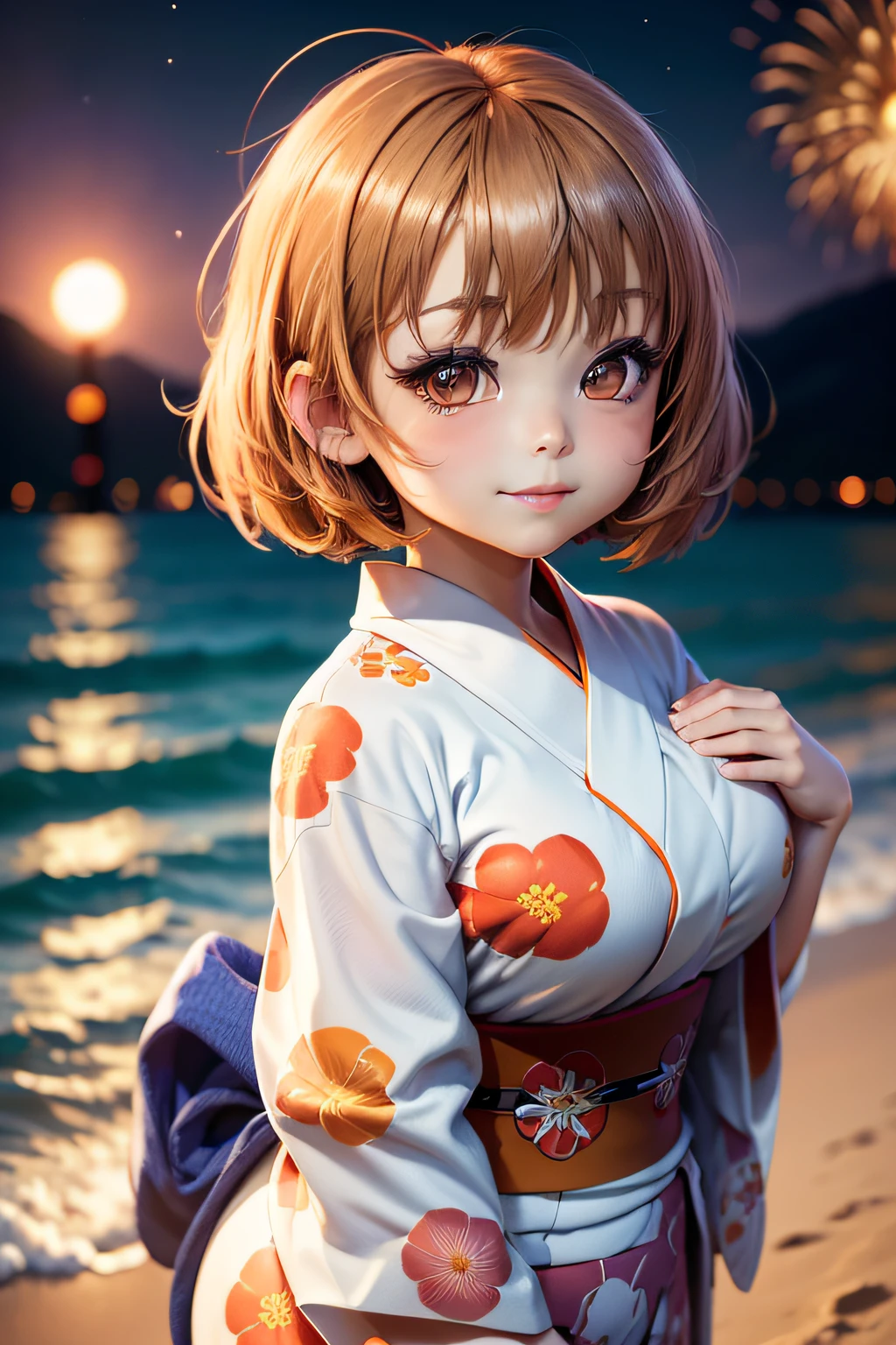(((Chibi Chara:1.3))),Fantasy worldview,Cute and beautiful girl,Cute round face,Cute smile,large full breasts,(Wearing a yukata with a floral pattern on white fabric:1.3),Fireworks in the sky on riverbank background at night,Short hair with different inner colors: silvery white and orange,messy and stupid hair,Extreme close-up face,profetional lighting,Cinematic Light,(masutepiece,top-quality,Ultra-high resolution output image,) ,(The 8k quality,),(Sea Art 2 Mode:1.3),,(Image Mode Ultra HD,)