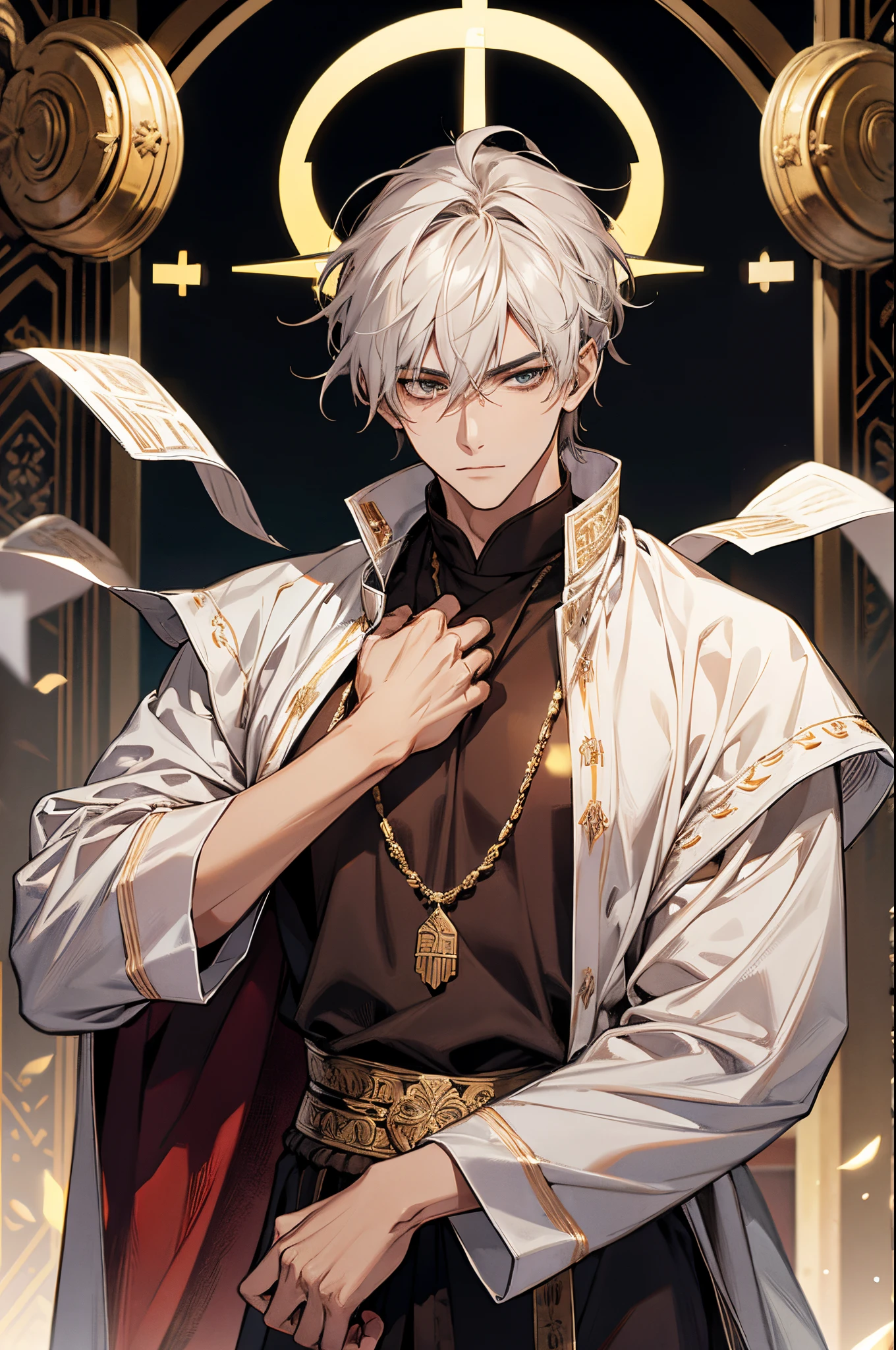 Masterpiece, best quality. 1 Male. yellow eyes. Tousled white hair that falls just above his shoulders. Brown skin. Strong jawline and an absolutely happy expression. Wears a tight western monk habit, showcasing his muscles. Upper body