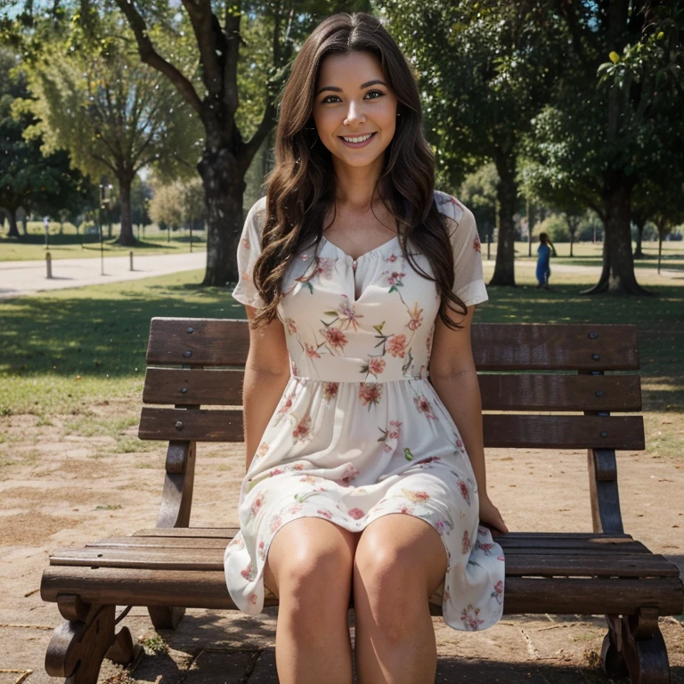 Ultra-realistic image of a woman in her 30s with very thick hair., wavy dark brown hair and a beautiful smile having a nice time in the park. Sus ojos son de un tono avellana profundo, highlighted by long eyelashes. En un vestido de flores. Con piernas hermosas. en un parque soleado