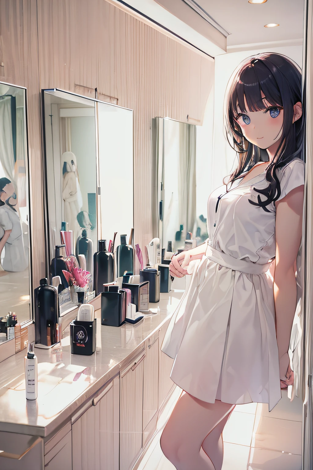 Tokyo Nakano Beauty Salon、whitish interior、Hairdresser、25、White shirt、Looks fun、Black skirt、Backlight illumination、Looking at the camera