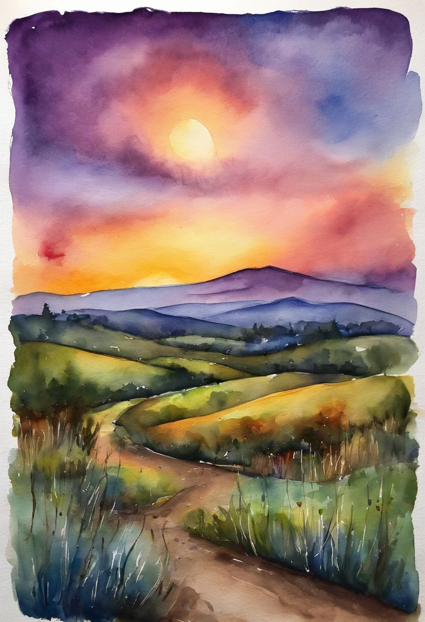 Campo verde, cavalo, blue and purple sunset. Alta qualidade