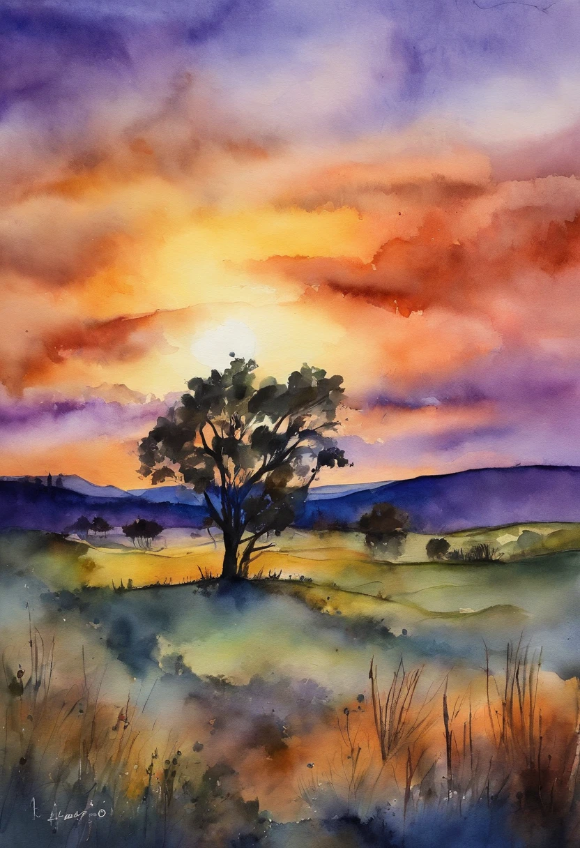 Campo verde, cavalo, blue and purple sunset. Alta qualidade