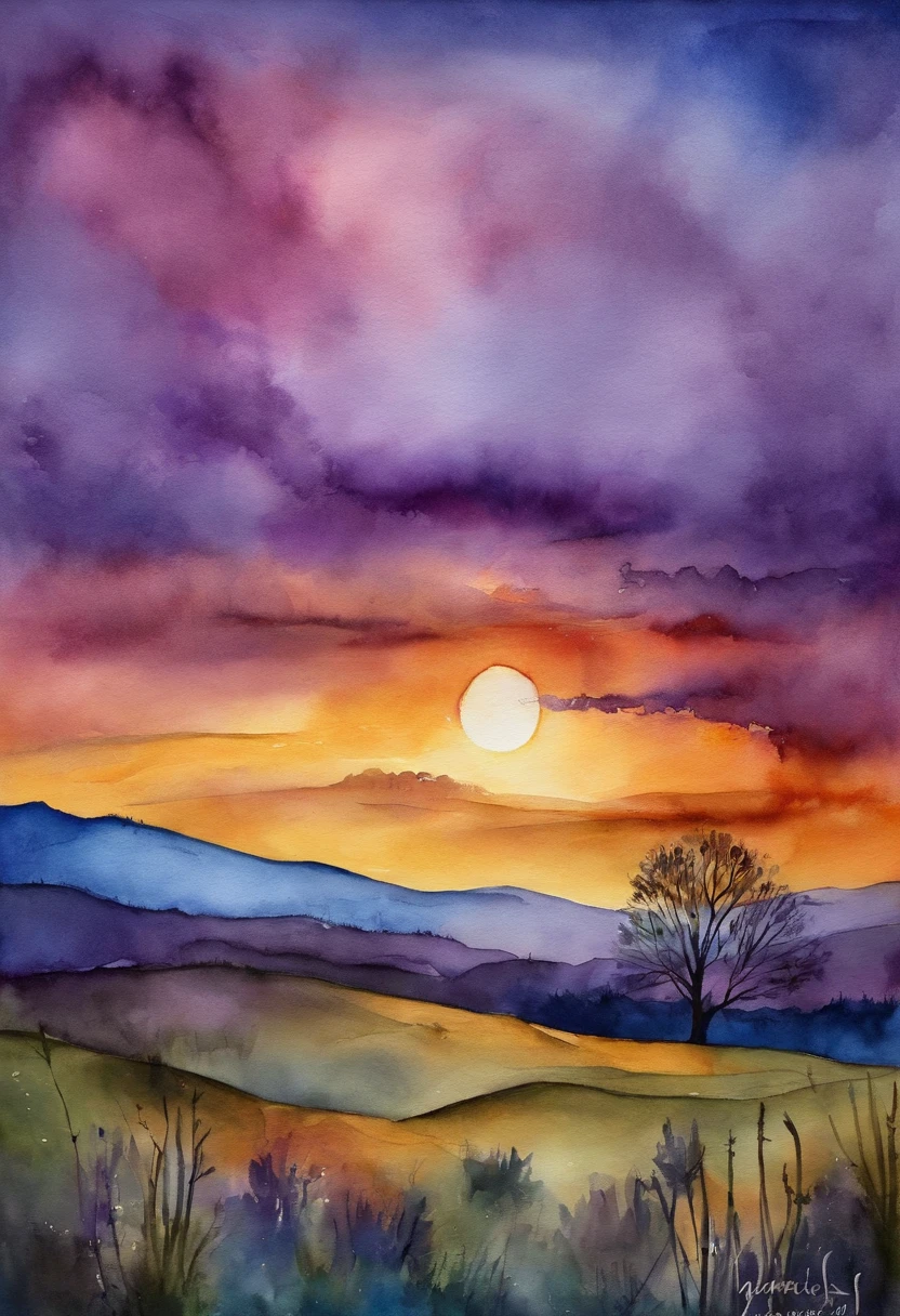 Campo verde, cavalo, blue and purple sunset. Alta qualidade