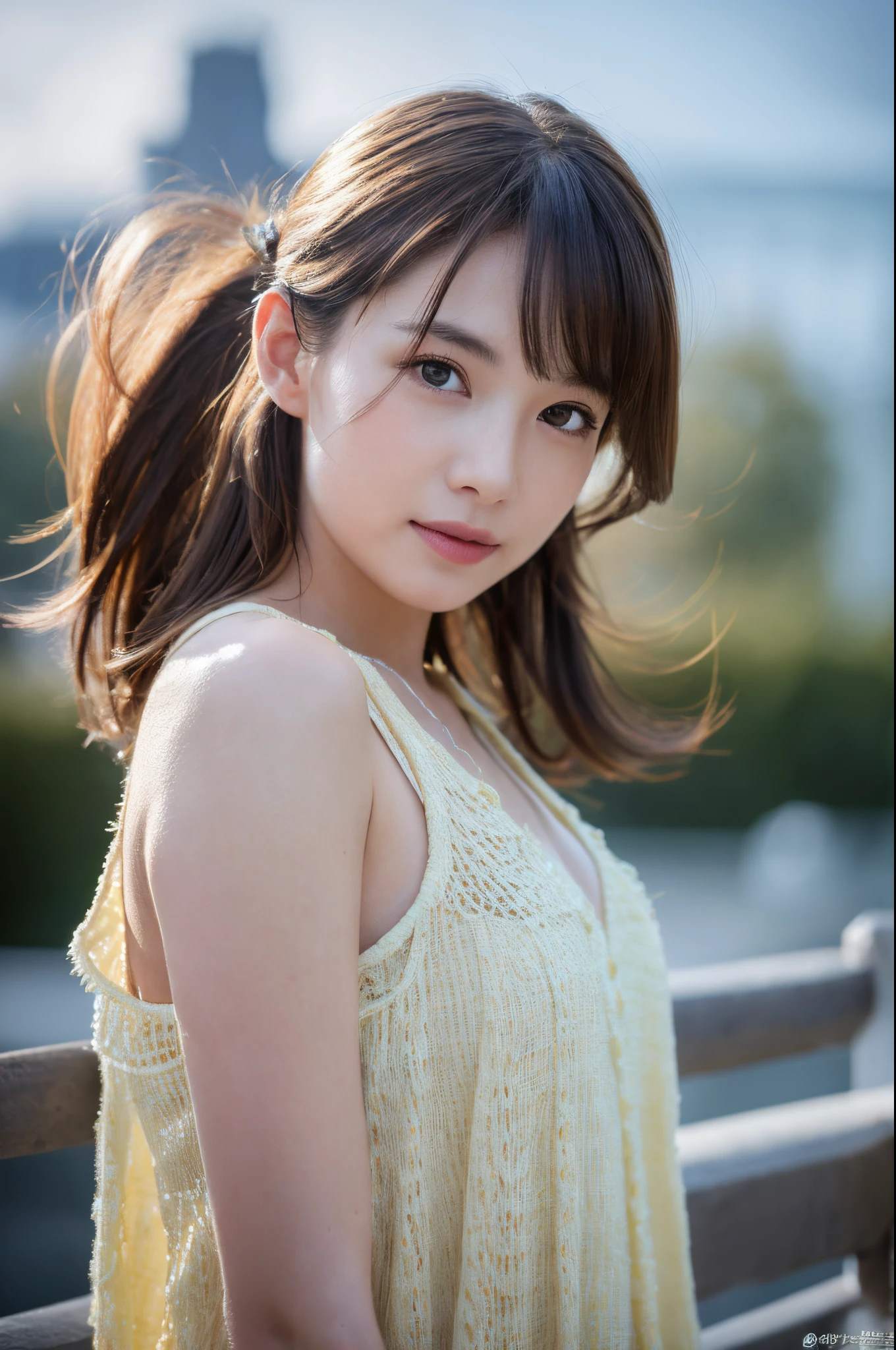 A close up of a woman with long hair wearing a yellow dress - SeaArt AI