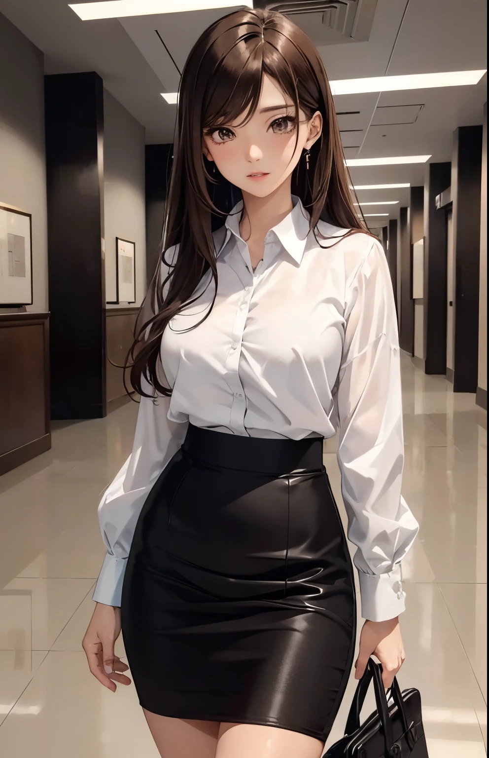 masterpiece、top-quality、hight resolution, modern office, indoor, hallway, High-quality images、8K, 1 woman、skin gloss、Texture of skin and clothing、Detailed eye expression、Lustrous hair, girl with long brown hair, Manga inspired by Lee Jong-suk, trending on deviantart, Realism, detailed manga style, manga art style, perfect lineart, beautiful line art, digital manga art girl, kpop idol, detailed brown eyes, plump lips, detailed gorgeous face, red blush, open mouth, (shocked expression, distressed, embaraased), seductive, innocent, sideview, (perfectly detailed face), (well detailed hand) photorealistic image, depth of field, japanese hime cut hairstyle, ((wearing suit jacket, collared shirt long sleeves, casual pencil skirt)), narrow waist