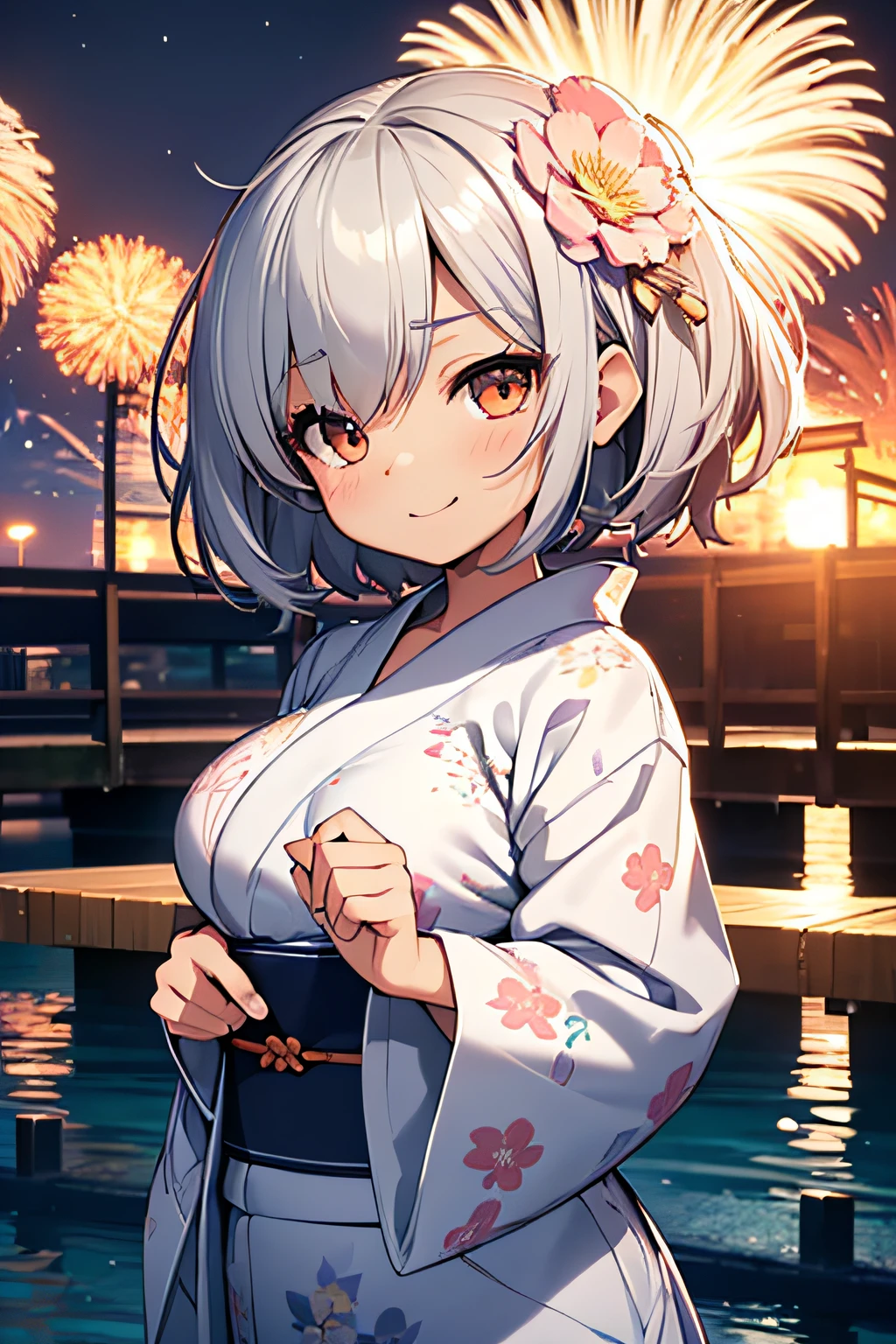 (3D chibi animation:1.3),(Chibi Chara:1.3),(Chibi;1.3),Fantasy worldview,Cute and beautiful girl,Cute round face,Cute smile,large full breasts,(Wearing a yukata with a floral pattern on white fabric:1.3),Fireworks in the sky on riverbank background at night,Short hair with different inner colors: silvery white and orange,messy and stupid hair,Extreme close-up face,profetional lighting,Cinematic Light,(masutepiece,top-quality,Ultra-high resolution output image,) ,(The 8k quality,),(Sea Art 2 Mode:1.3),,(Image Mode Ultra HD,)