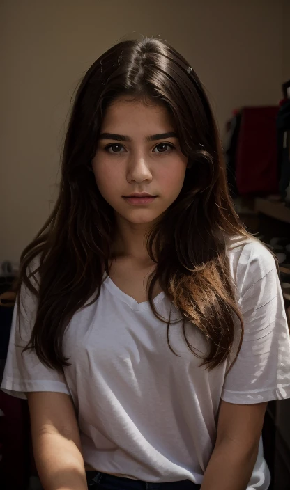 She is wearing a baggy blouse and white shorts and baggy men's clothing style, And I want her with a serious expression; eu gostaria que ela fosse retratada como uma pessoa negra, com um cabelo curso chanel preto com algumas mechas vermelhas no cabelo e com uma presilha no cabelo para prender a franja, I also want her to have black eyes