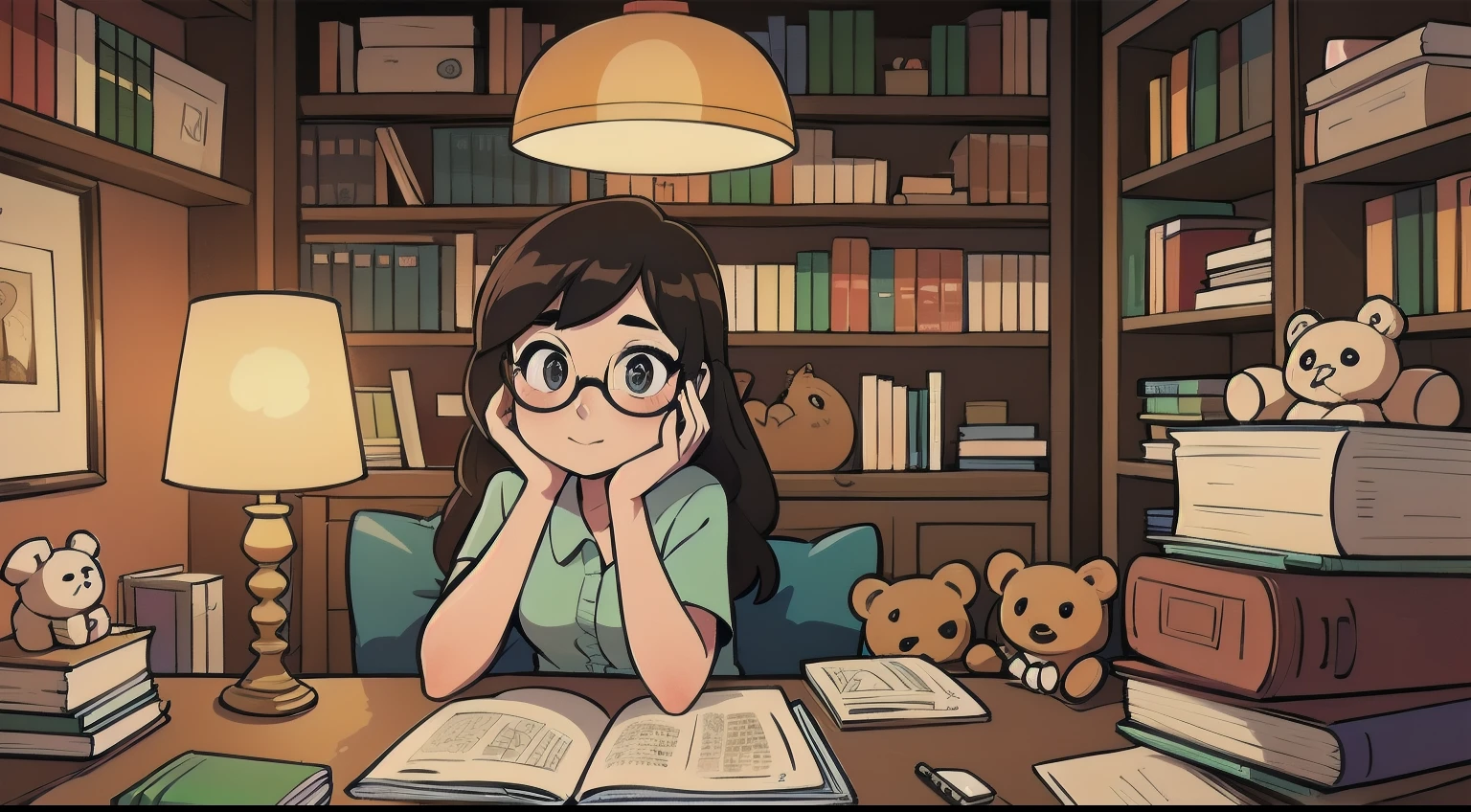 Create an illustration of a girl sitting at her desk, surrounded by books and school supplies, while using her cell phone.  She is wearing glasses and her room is full of shelves with collections of dolls and teddy bears.  The soft light from the lamp creates a cozy atmosphere.