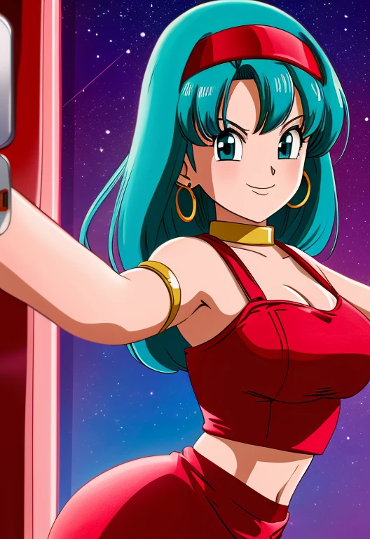 (Photo:1.3), highdetail, Bulla, 1girl, solo, aqua red headband, red dress, Selfie, Smile, (acclaimed, alluring, captivating, exciting, gorgeous, striking:1.3), (trending on artstation:1.3) 2D illustration, high quality.