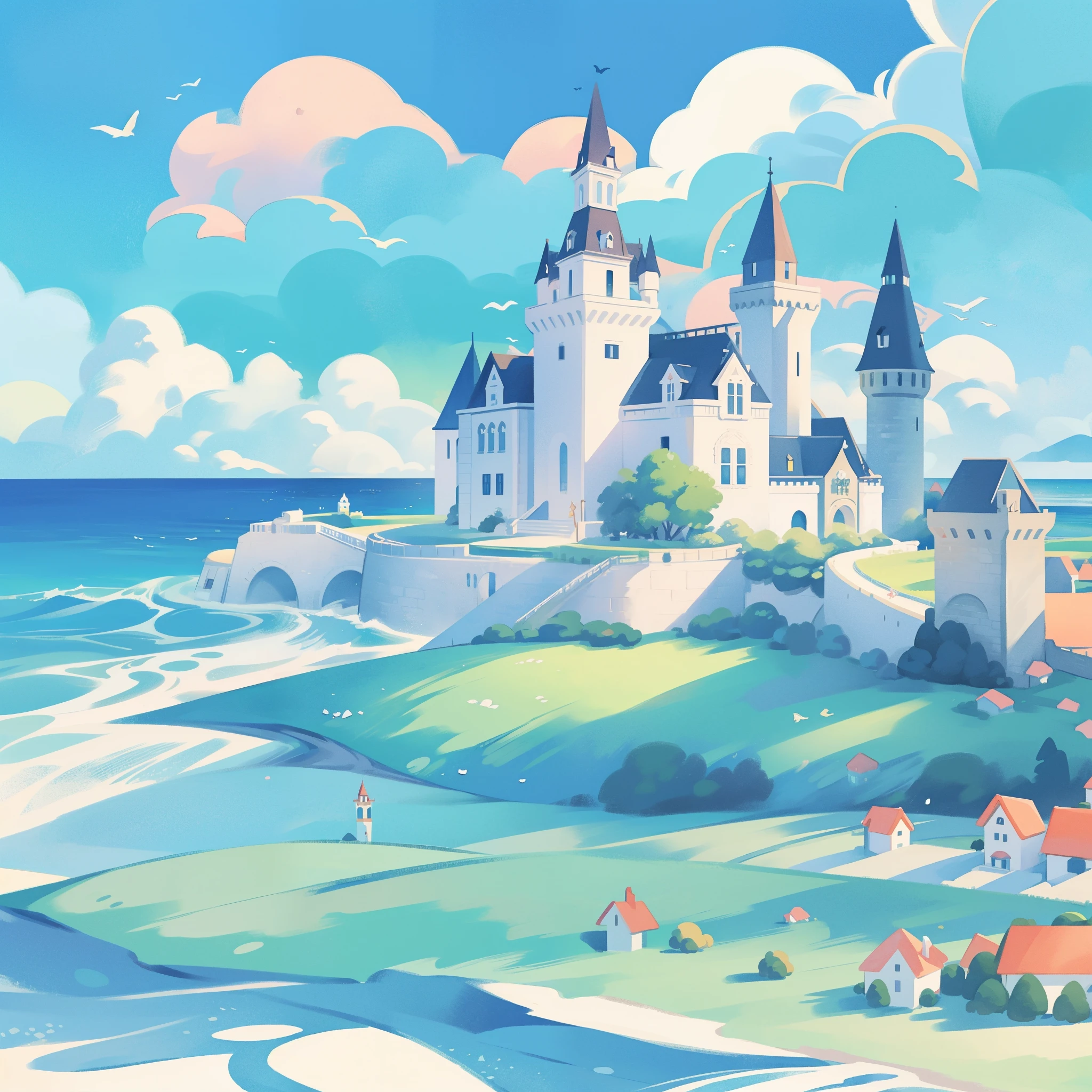 picture book illustration, watercolor storybook illustration, ((seaside castle)), ((ocean beach)), ((mermaid castle)), fairytale towers, clouds, vibrant pastel colors, dream, colorful, whimsical, magical, masterpiece, best quality, sharp focus, intricately detailed environment, fine detail, 8k resolution, (colorful), cute