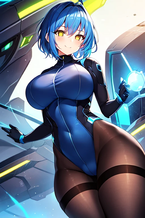 1girl, wide hips, thick thighs, breasts, large breasts, futuristic, tech, science-fiction, machinery, blue hair, very short hair, yellow eyes, light smile, smile, bodysuit, black bodysuit, neon trim, pantyhose, black pantyhose, thighhighs, blue neon trim,