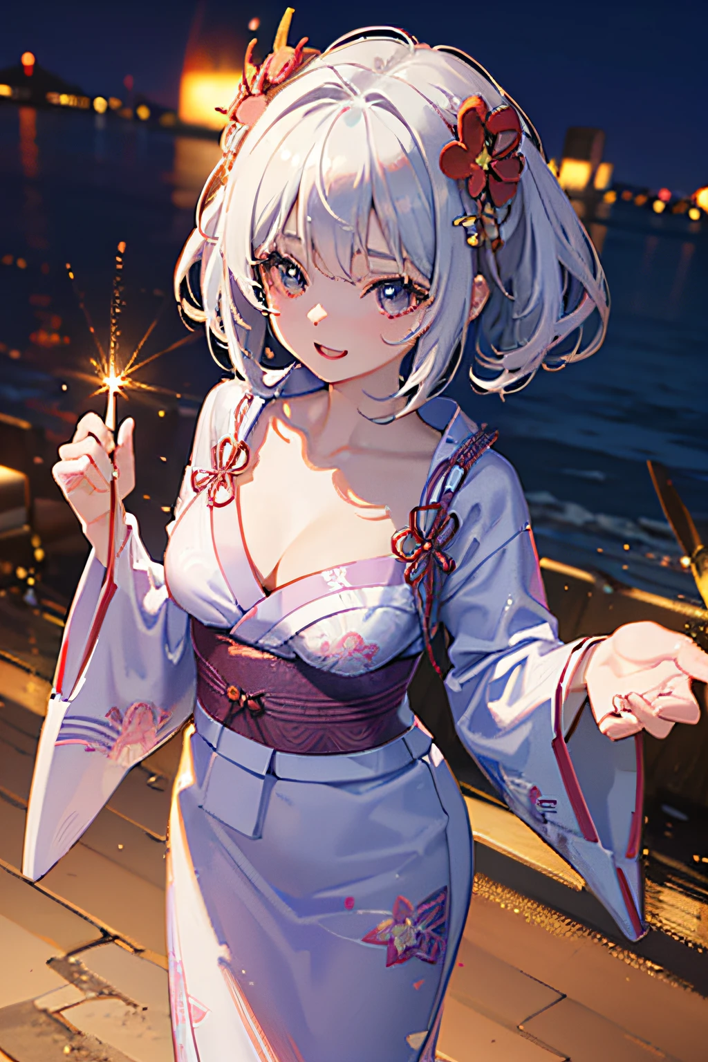(3D chibi animation:1.3),(Chibi Chara:1.3),(Chibi;1.3),Fantasy worldview,Cute and beautiful girl,Cute round face,Cute smile,large full breasts,(Wearing a yukata with a floral pattern on white fabric:1.3),Fireworks in the sky on riverbank background at night,Short hair with different inner colors: silvery white and orange,messy and stupid hair,Extreme close-up face,profetional lighting,Cinematic Light,(masutepiece,top-quality,Ultra-high resolution output image,) ,(The 8k quality,),(Sea Art 2 Mode:1.3),,(Image Mode Ultra HD,)