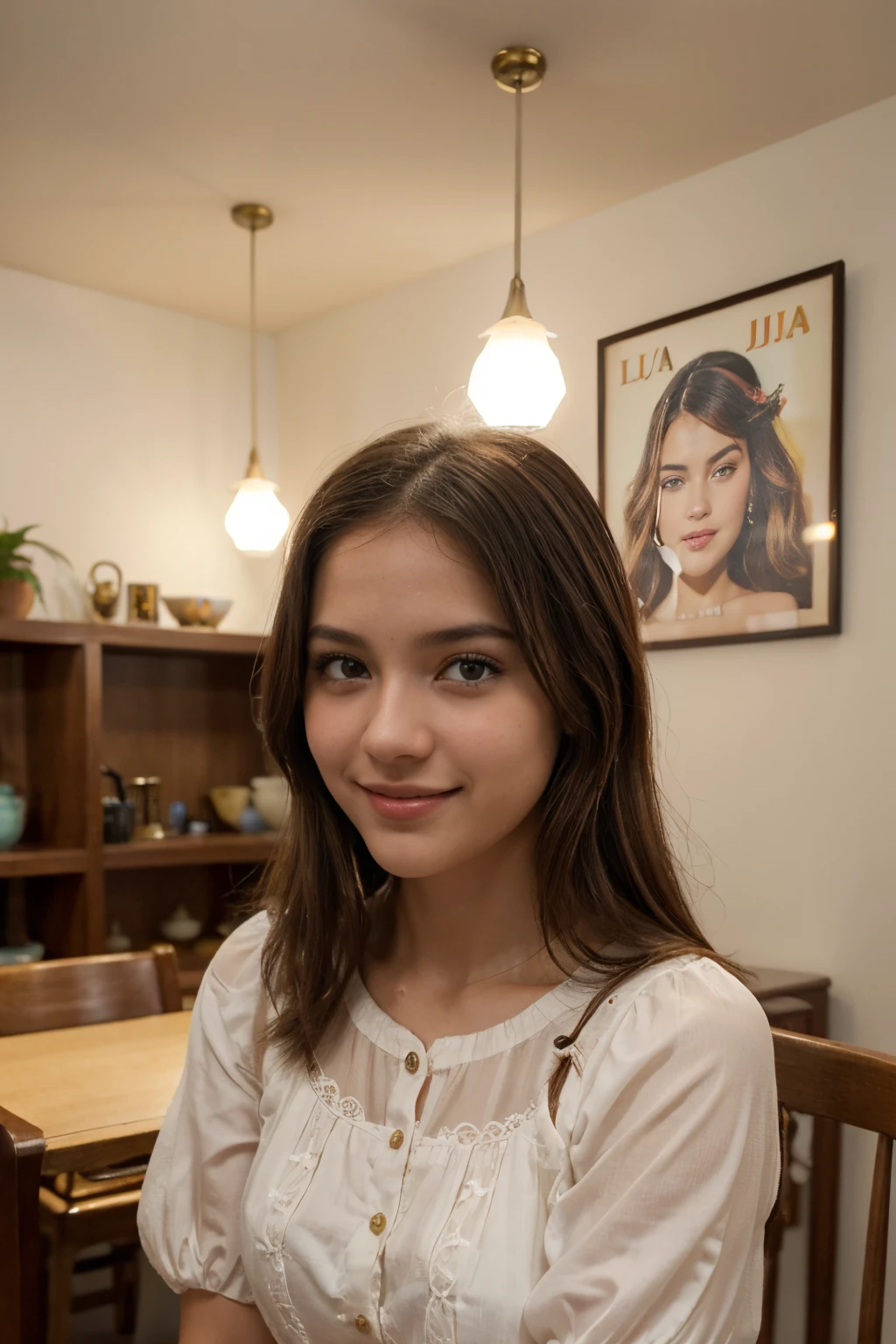 (La mejor calidad,Altas Resoluciones),mujer voluptuosa con pelo largo, joven, Estilo ta, colores vibrantes, piel de porcelana, ojos expresivos, sonrisa juguetona, encanto seductor, Moda vintage, dreamy atmosphere, Soft lighting, Detalles intrincados