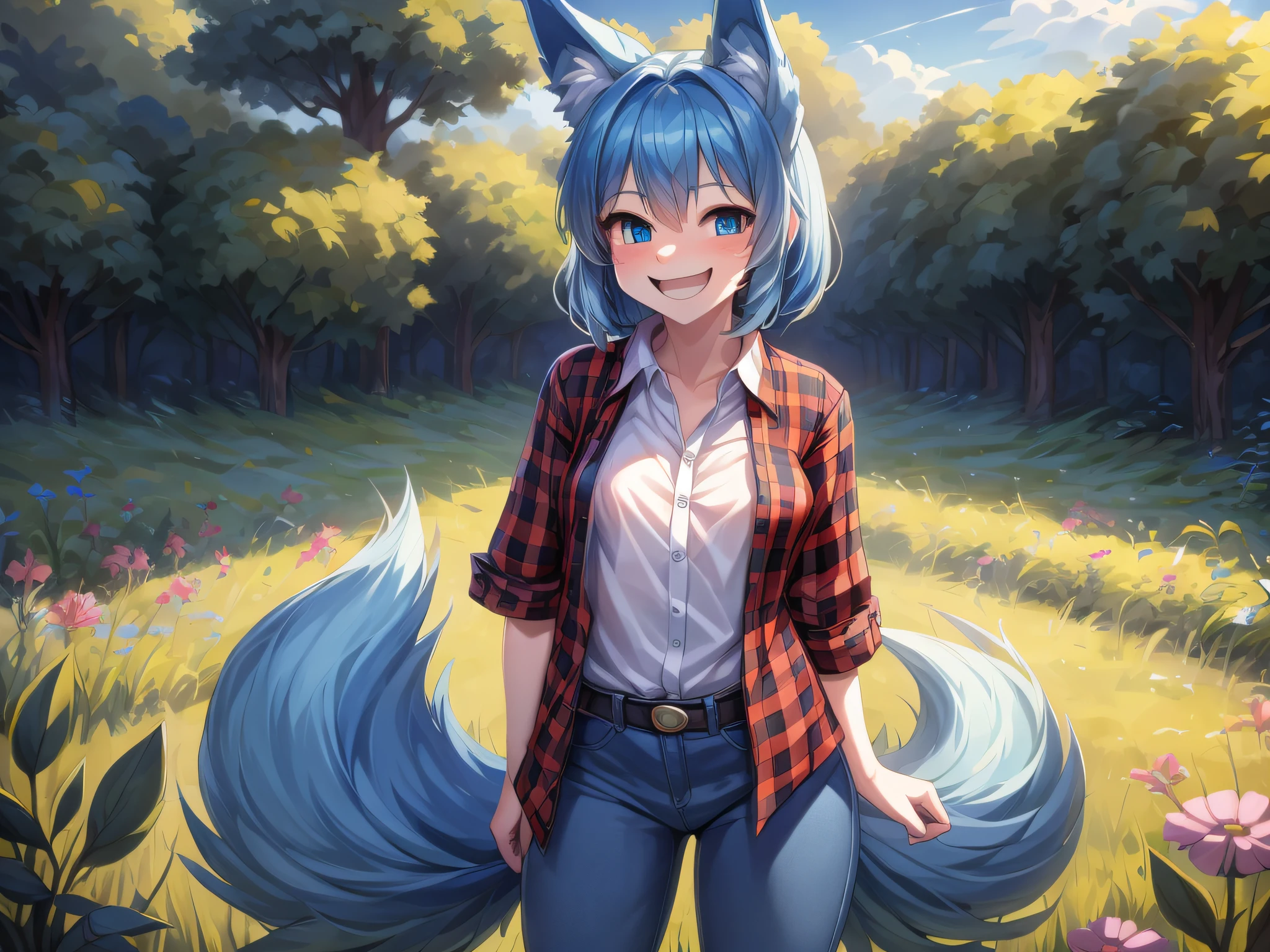 (Masterpiece) (High Detail) (High Res) A short ite humanoid girl with pale skin and blue eyes and long blue hair and blue dog ears and a big fluffy dog tail and small breasts is standing alone in a field full of tall crops and is wearing a red and black chequered flannel button up shirt and blue jeans. She is laughing.