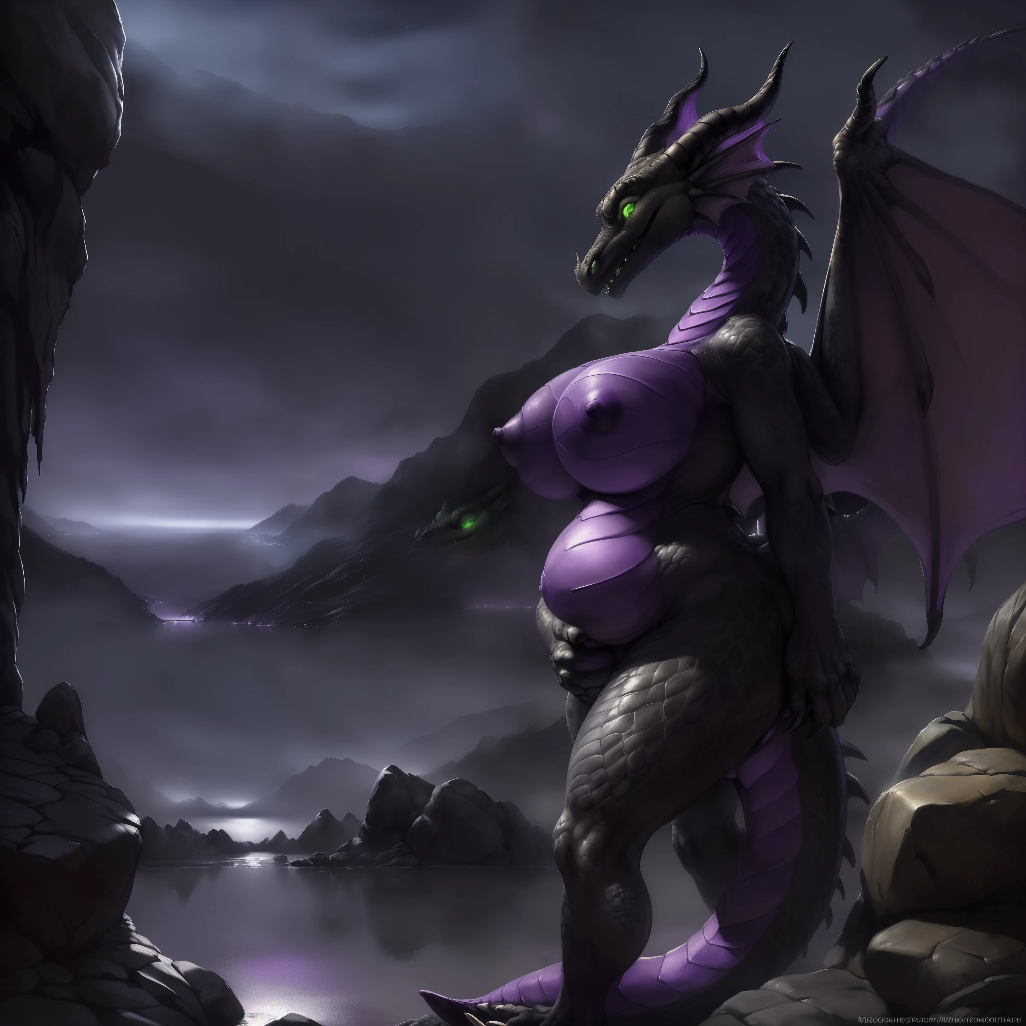 4k, hd, (ultra detailed), a beautiful and detailed full size portrait of a female (((big breaths, big boobs, vagina, pussy, nipples))), anthro dragon, maleficent, (((dragon tail, black body, purple skin, green eyes, glowing eyes))), (((correct anatomy))), clawed_fingers, (((covering crotch)), (((Dragon Wings, purple wings))), green scales, tan_scales, big body, sexy body, goddess, alone, (((dark hallway)), non-mammal breasts, big body, sexy body, goddess, wide hips, kenket, Ross Tran,ruan jia, trending on artstation,foxovh, cenematic lighting, detailed background, night, storm coming, ((((shy))), looking at viewer, (((half-quarter view))), standing, (((rocky area, distant lake, dark fog, night,))), scales, detailed scales, (((solo))), chubby body, fat body, wide body, (((evil smile))), gravel,