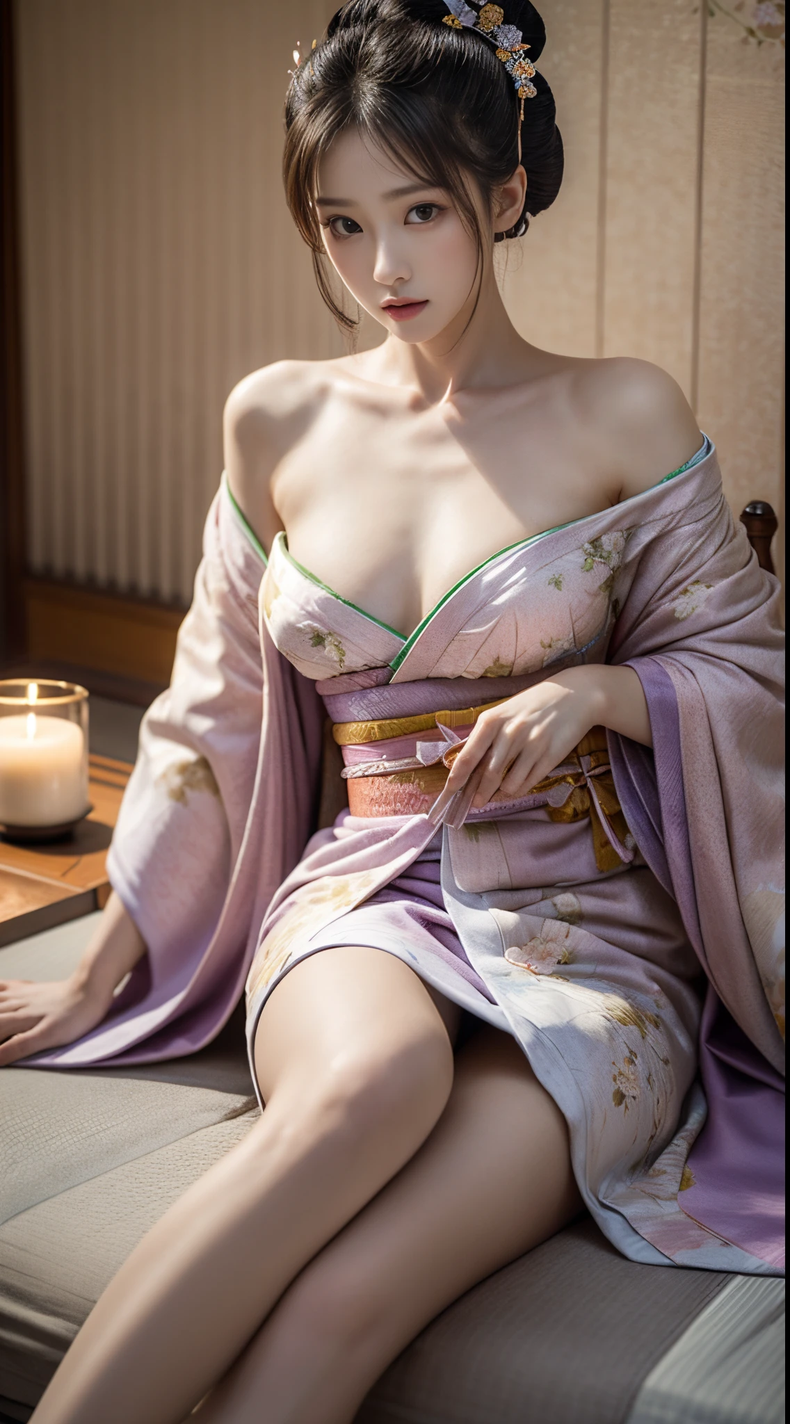 1 plump girl, Extremely beautiful, extremely cute, amazing face and eyes, (big and round eyes:1.15), The expression is calm, (extremely detailed beautiful face), (Courtesan style beautiful and cute floral kimono:1.5), (exposed bare shoulders), (Large breasts:1.2), (Best quality:1.4), (ultra - detailed), (hyper realisitc, realistically:1.37), Beautiful white skin, extremely detaild的 CG unified 8k wallpapers, RAW photos, professional photoshooting, 电影灯光, sitted, spread their legs, (groin, Private section:1.2), (Pubic hair is sparse:0.8), Staring at me, (Beautiful floral wallpaper), Bedrooms, futon, pillow head, Bedroom lights dim, candle lighting, Peaceful atmosphere, (Courtesan style:1.3),