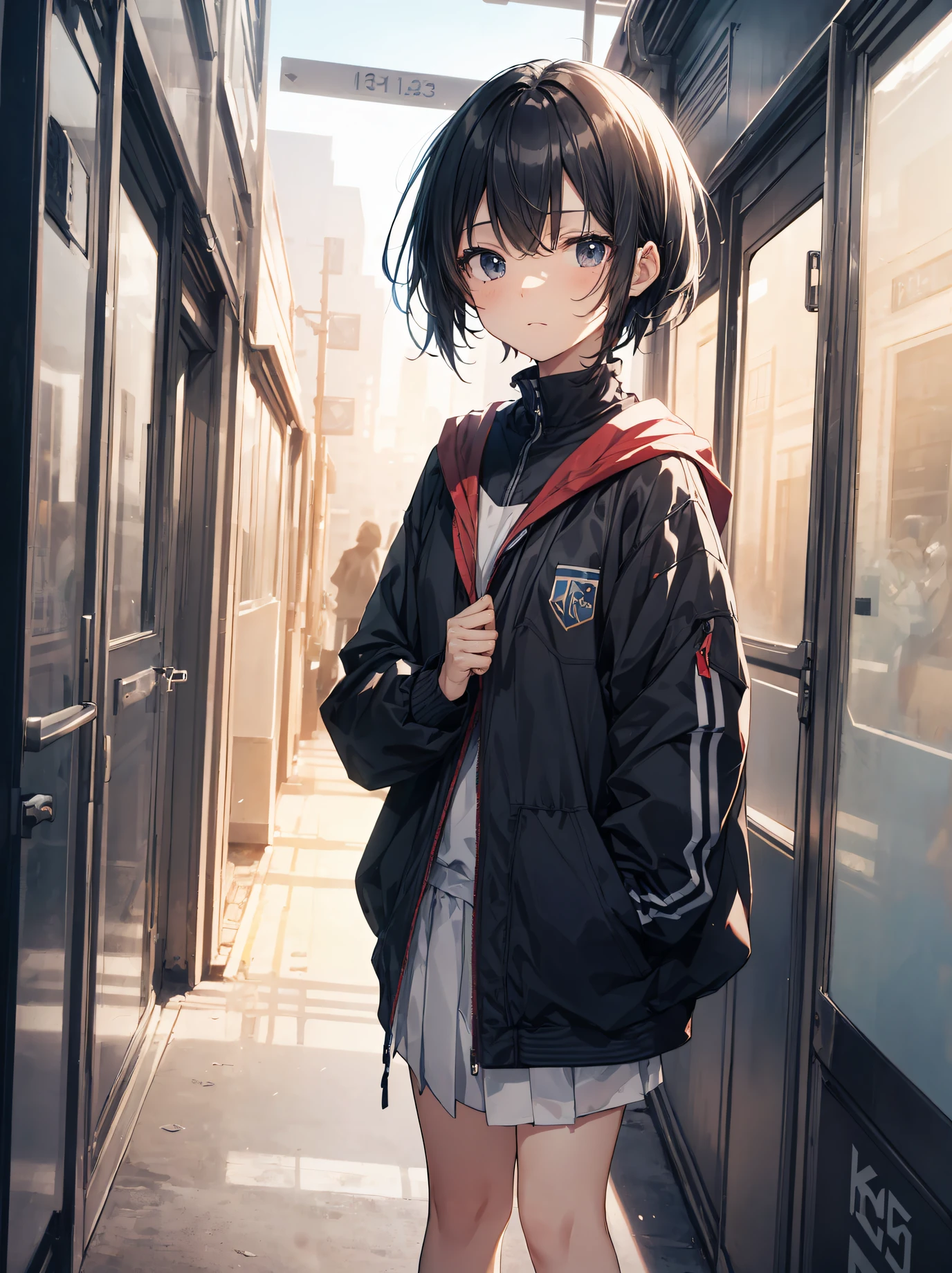 God quality, anime moe artstyle,best anime 8k konachan wallpaper,badass anime 8k,perfect anatomy, (Please draw a girl walking sleepily to school. ),break, 1girl, (Solo,Loli,child,13-year-old:1.3),a junior high school student, androgynous charm, (Very Short hair),messy hair, Full limbs, complete fingers,flat chest, Small butt, groin, Small eyes,finely detailed beautiful black eyes,disgusted eyes, school Uniform, in the School commute route. break,ultra-detailed,high resolution,super detailed skin, professional lighting,8k eye details, (cool illustration:1.2),