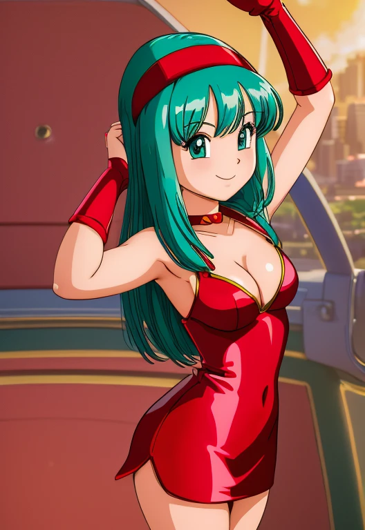 (Photo:1.3), highdetail, Bulla, 1girl, solo, aqua hair, red headband, red dress, solo, ???? poses, Smile, lovely legs. (acclaimed, alluring, captivating, exciting, gorgeous, striking:1.3), (trending on artstation:1.3), 2D illustration, high quality.