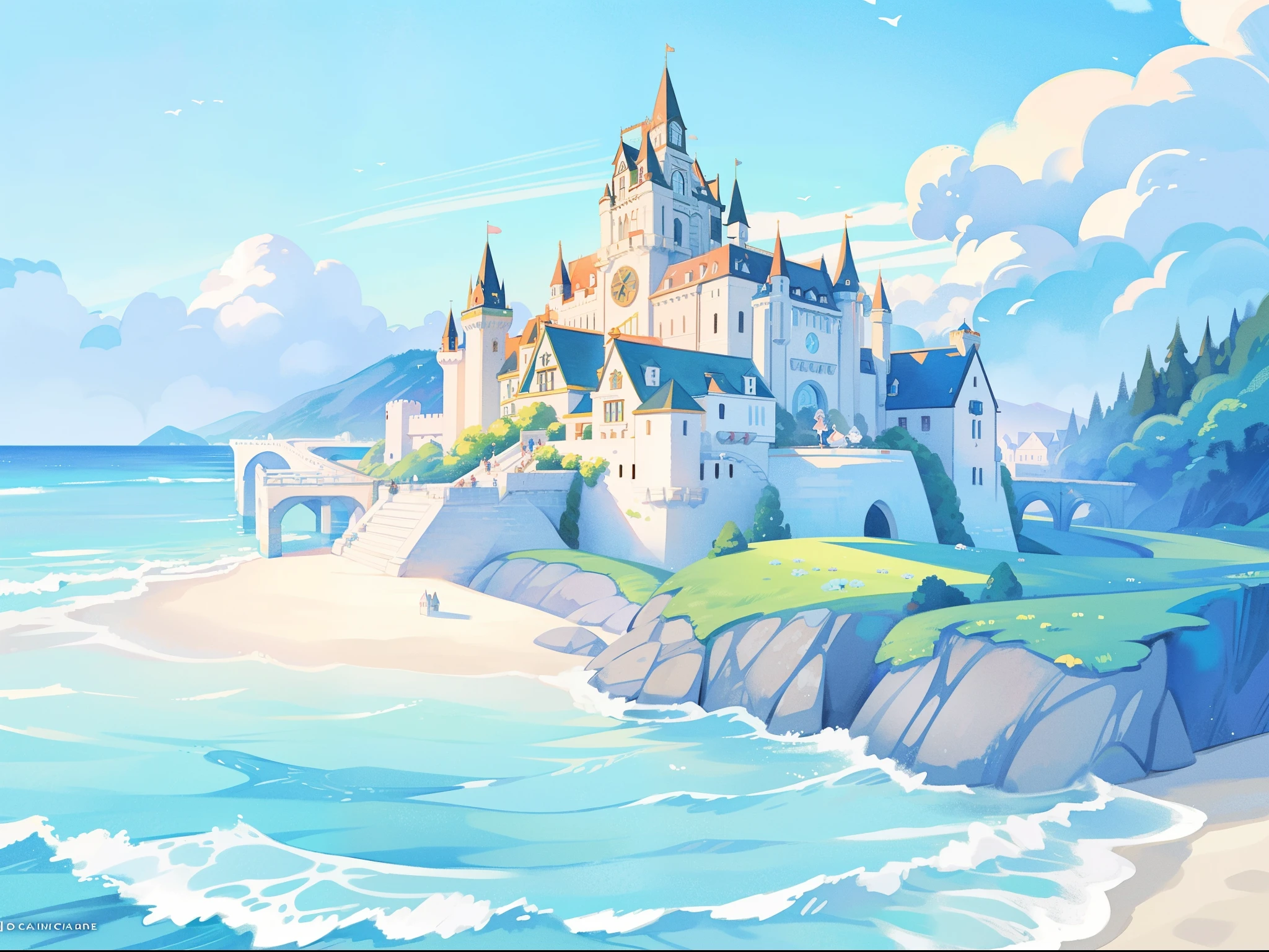 picture book illustration, watercolor storybook illustration, ((seaside castle)), (ocean beach), ((mermaid castle)), fairytale towers, clouds, vibrant pastel colors, dream, colorful, whimsical, magical, masterpiece, best quality, sharp focus, intricately detailed environment, fine detail, 8k resolution, (colorful), cute