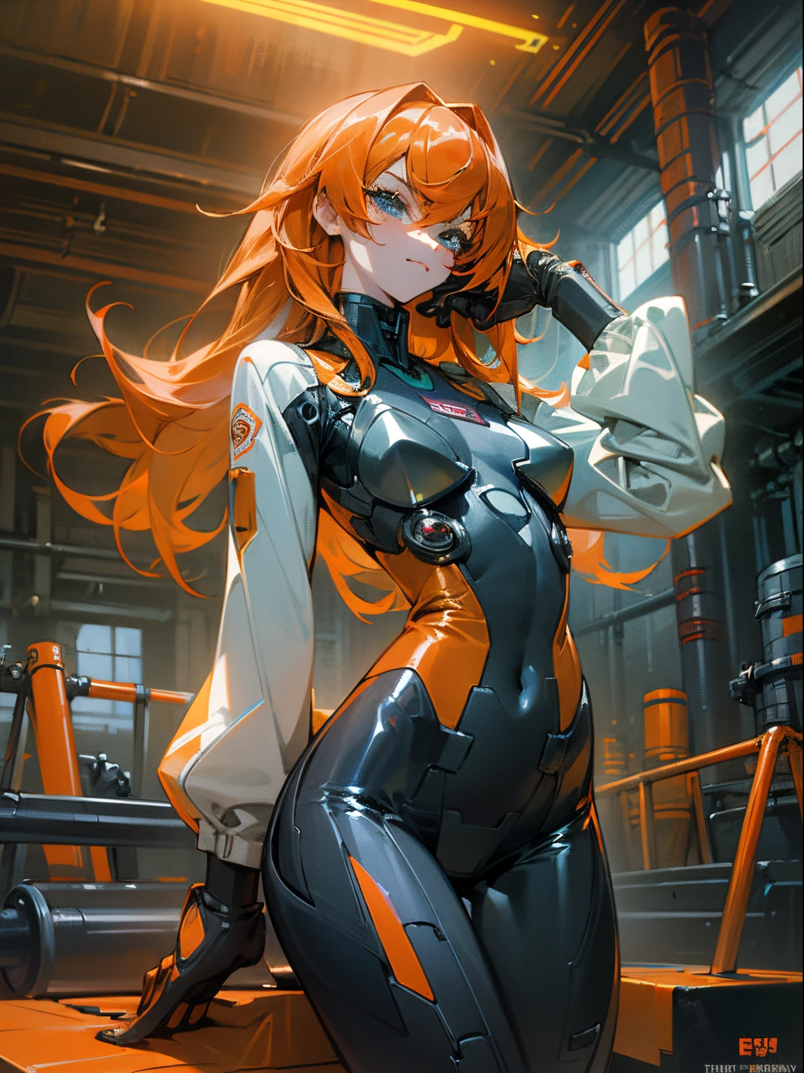 High resolution, highest quality, figure, super detailed, (detailed face), (fine eyes), cinematic lighting, highest quality, very detailed, masterpiece,1 girl, alone, redhead, yellow eyes, bangs, ponytail, mechanical spine, Exosuit, wire and cable, shining eyes, medium breasts, light, (colorful), sitting, From above, cool tone, Computer, SF、camel toe、huge tit、nipple puff、cleavage、powered suit