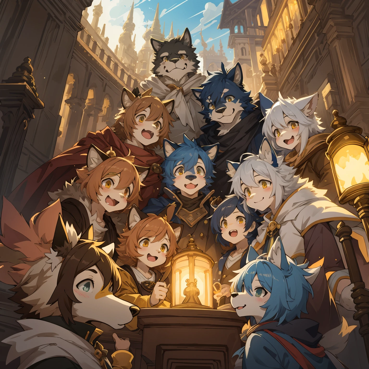 cover_page, highres, top quality, best quality, paid reward available, High-quality illustrations, unparalleled masterpiece, perfect artwork, absurdres, super high resolution, detailed background, Gaslight Fantasy, Beautiful World Heritage, group shot, 6+boys, 6+girls, Happy, joyful(Photo of family trip)(kemono, furry anthro)cinematic lighting, dynamic angle,