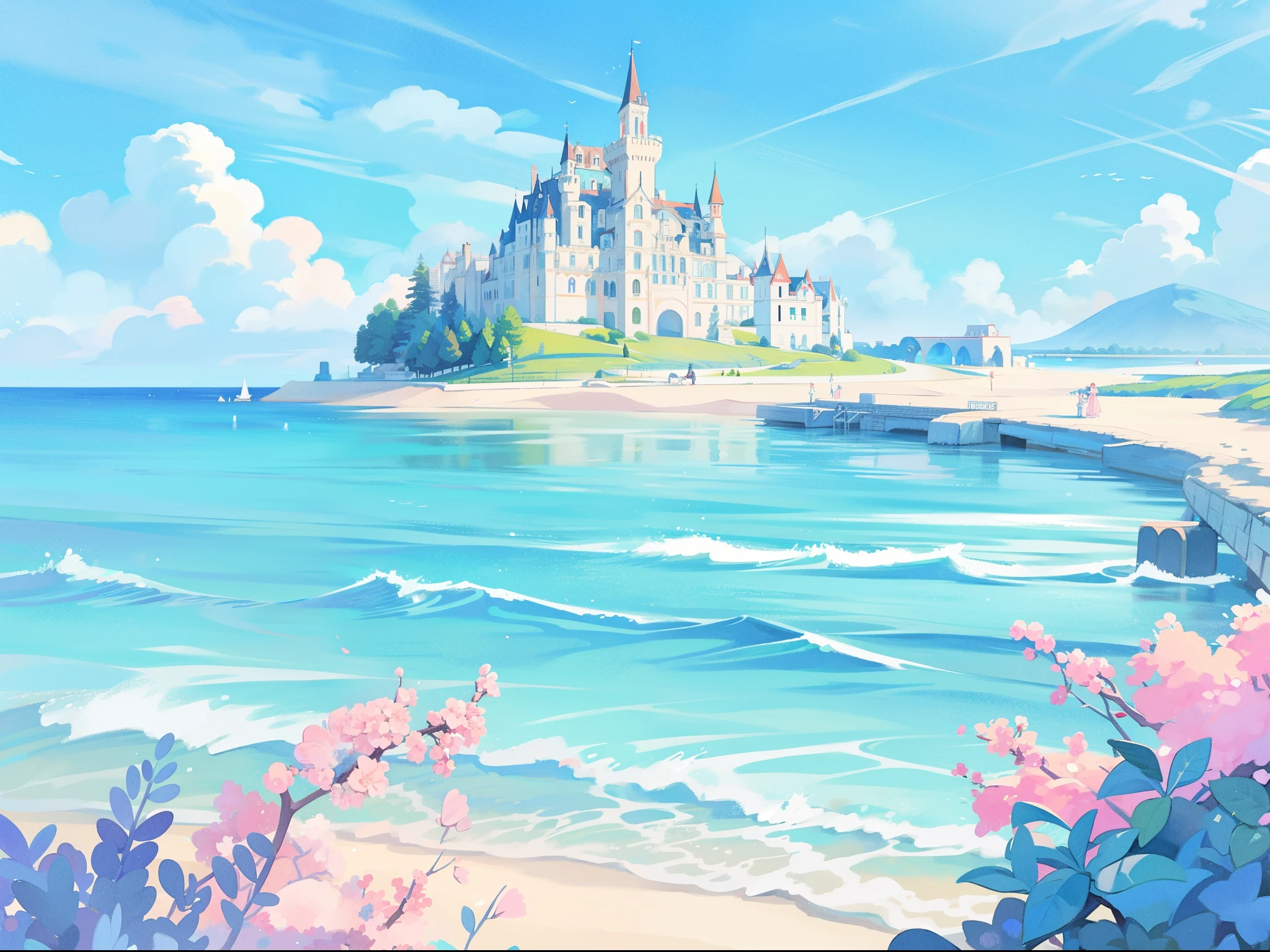 picture book illustration, watercolor storybook illustration, ((seaside castle)), (ocean beach), ((mermaid castle)), fairytale towers, clouds, vibrant pastel colors, dream, colorful, whimsical, magical, masterpiece, best quality, sharp focus, intricately detailed environment, fine detail, 8k resolution, (colorful), cute