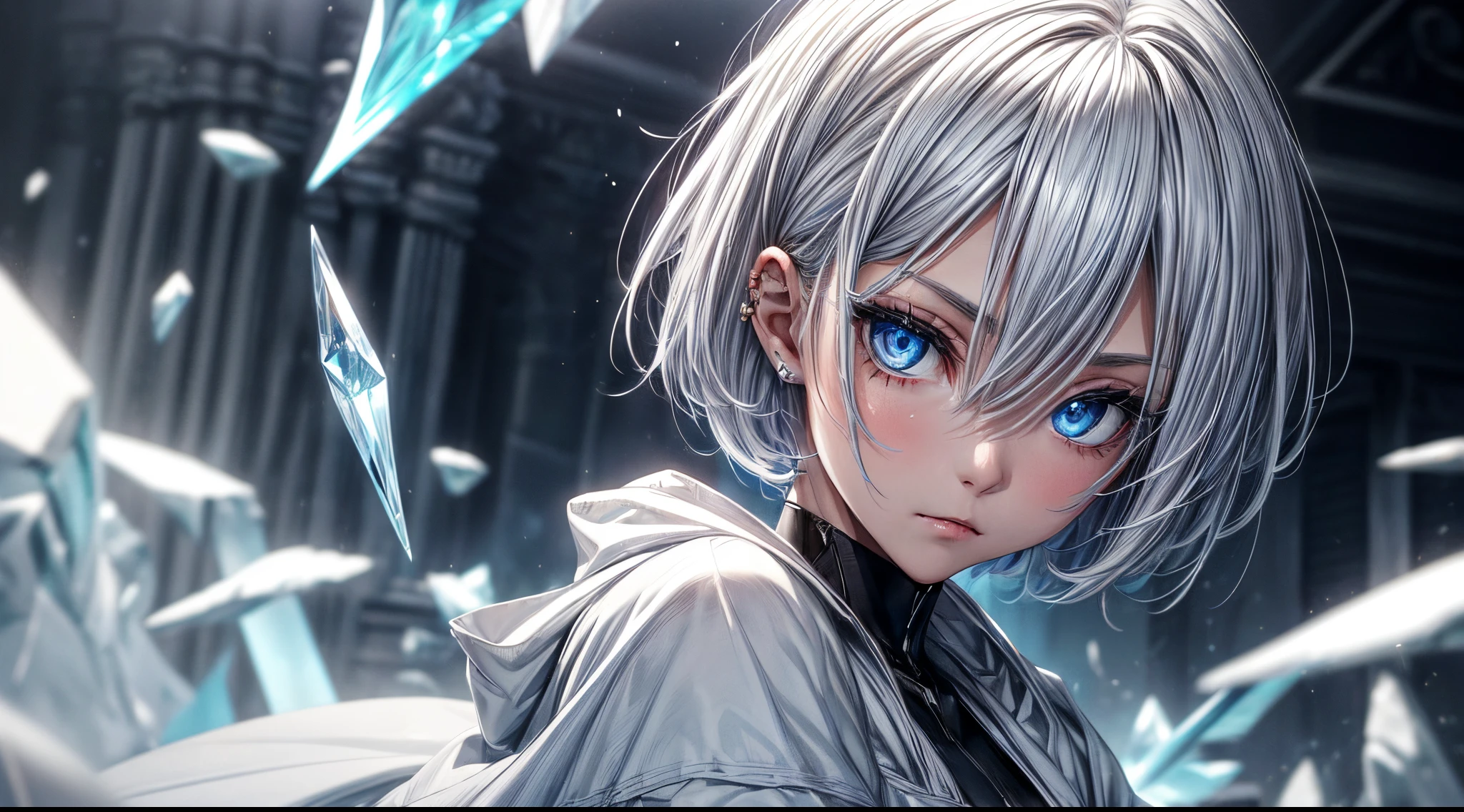 (a)woman,young,19 years old,shorthair white hair,(shorthair:white hair:1.1),skin as white as snow,cold gaze,black clothes,[grey robe],cape,half body,(background:blue lights),(blue-eyed:crystal eyes),(ice blue eyes),(icy:blue eyes),(intense:blue eyes),(crystal clear eyes),(intense gaze),(sharp gaze),(piercing gaze)