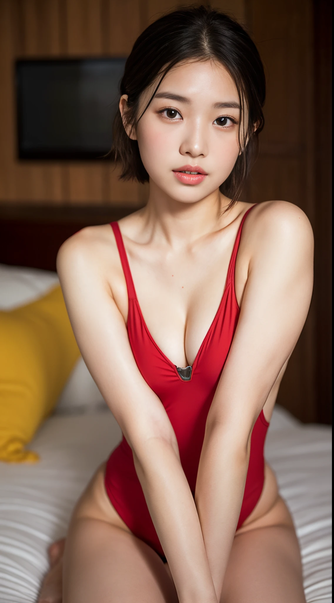 Highly detailed CG Unity 8k wallpapers、top-quality、ultra-detailliert、​masterpiece、realisitic、Photo Real、extremely detailed cute girl、25-years old、red blush、、roundly eyes、medium chest、viewer、Semi-body shot、onepiece swimsuit、short-cut、Soft look