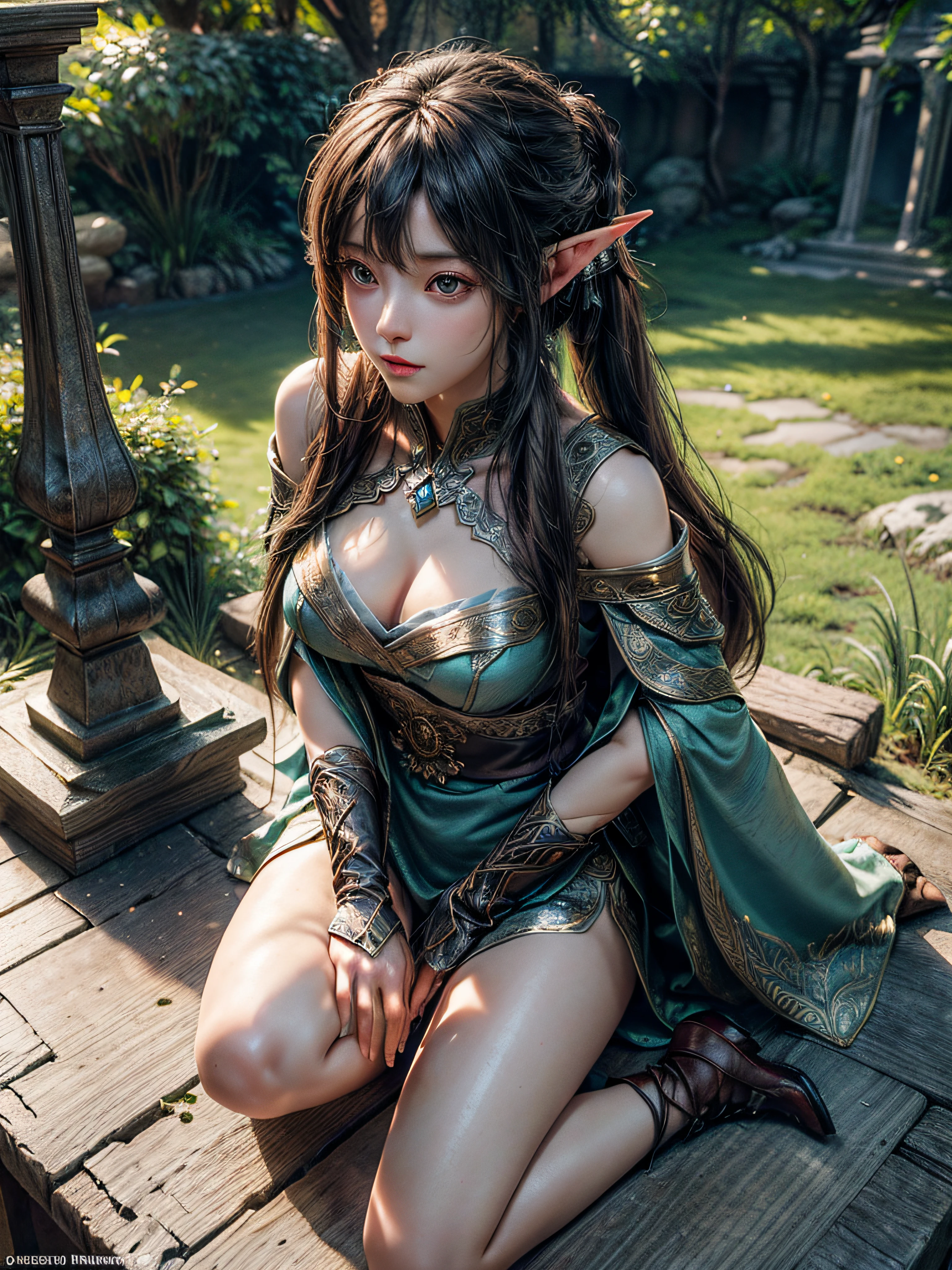 ((Best Quality)), ((Masterpiece)), (Detail: 1.4), 3D, A Beautiful japanese Female Figure, , HDR (High Dynamic Range), Ancient elven Costumes, Satin, Ray Tracing, NVIDIA RTX, Super-Resolution, Unreal 5, Subsurface Scattering, PBR Textures, Post-processing, Anisotropic Filtering, Depth of Field, Maximum Sharpness and Clarity, Multi-layer Textures, Albedo and Highlight Maps, Surface Shading, Precise simulation of light-material interactions, perfect proportions, Octane Render, bi-color light, large aperture, low ISO, white balance, rule of thirds, 8K RAW, finger detailing, refined facial features, focus on the face, (at ancient elven garden), ((Extremely Normal Hands, Extremely Normal Legs)), (brown twin tail hair, side bangs), medium full breasts:1.2