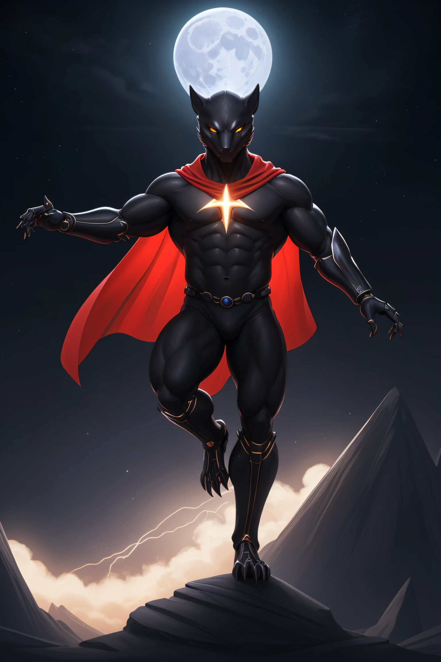 Biomechanical creature in humanoid form, with opalescent skin and scales, masterpiece, absolutely perfect, stunning image, visually rich, intrinsically detailed, concept art, by Mschiffer, shiny holographic, cinematic, UHD wallpaper, 3d, octane rendering, lights volumetric. Slim but muscular body, Strong abs, Full body Create an image of a black ninja after an apocalypse in the future Full body photo, Fixed eyes, looking forward, Lightning in the sky, arms outstretched, looking forward, standing on top of a mountain, red mantle and cape, cross shining in the air. Neon light art, in the dark of the night, a large ship sails through the seas illuminated by the moon, stars, colorful, detailed, 4k