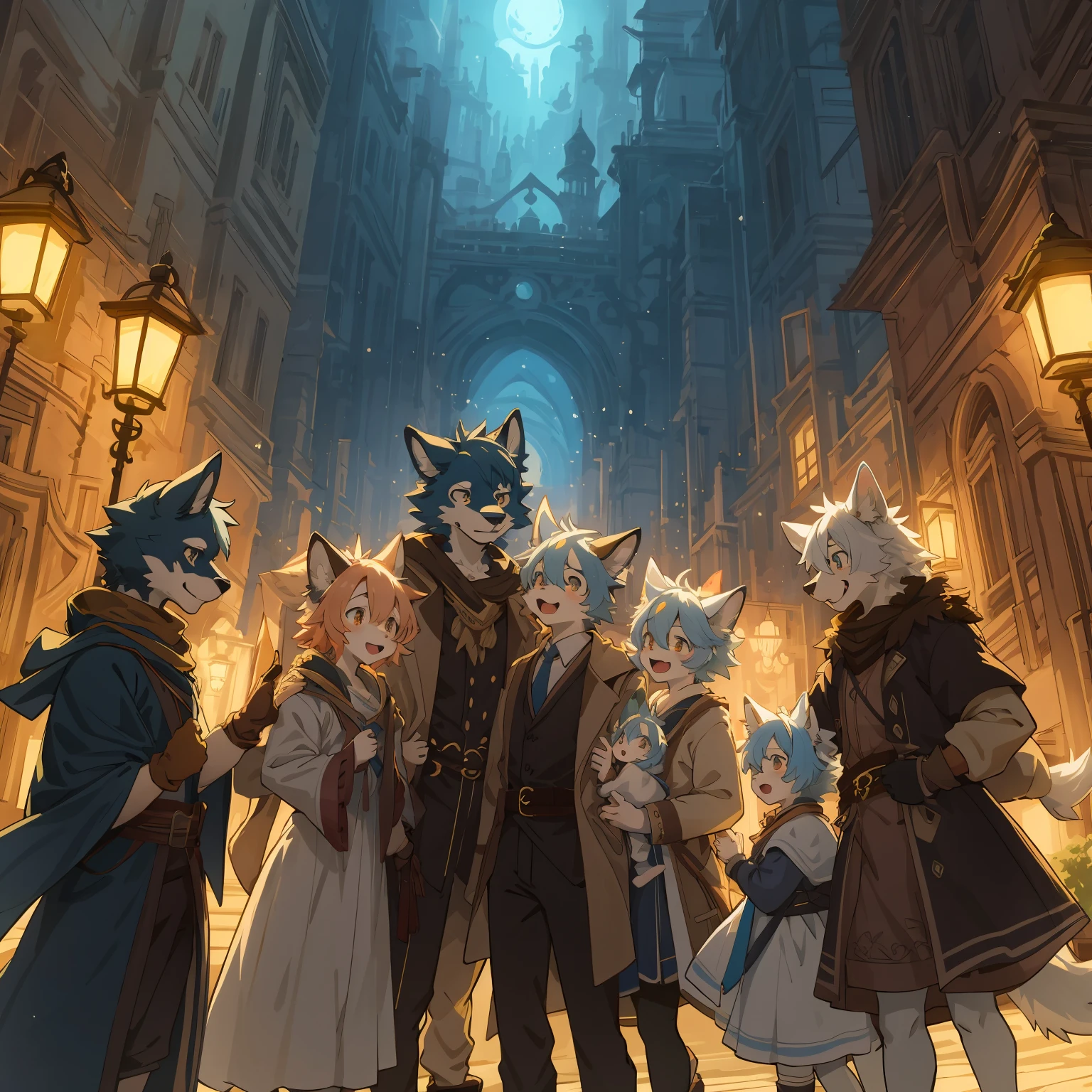 cover_page, highres, top quality, best quality, paid reward available, High-quality illustrations, unparalleled masterpiece, perfect artwork, absurdres, super high resolution, detailed background, Gaslight Fantasy, Beautiful World Heritage, group shot, 6+boys, 6+girls, Happy, joyful(Photo of family trip)(kemono, furry anthro)cinematic lighting, dynamic angle,