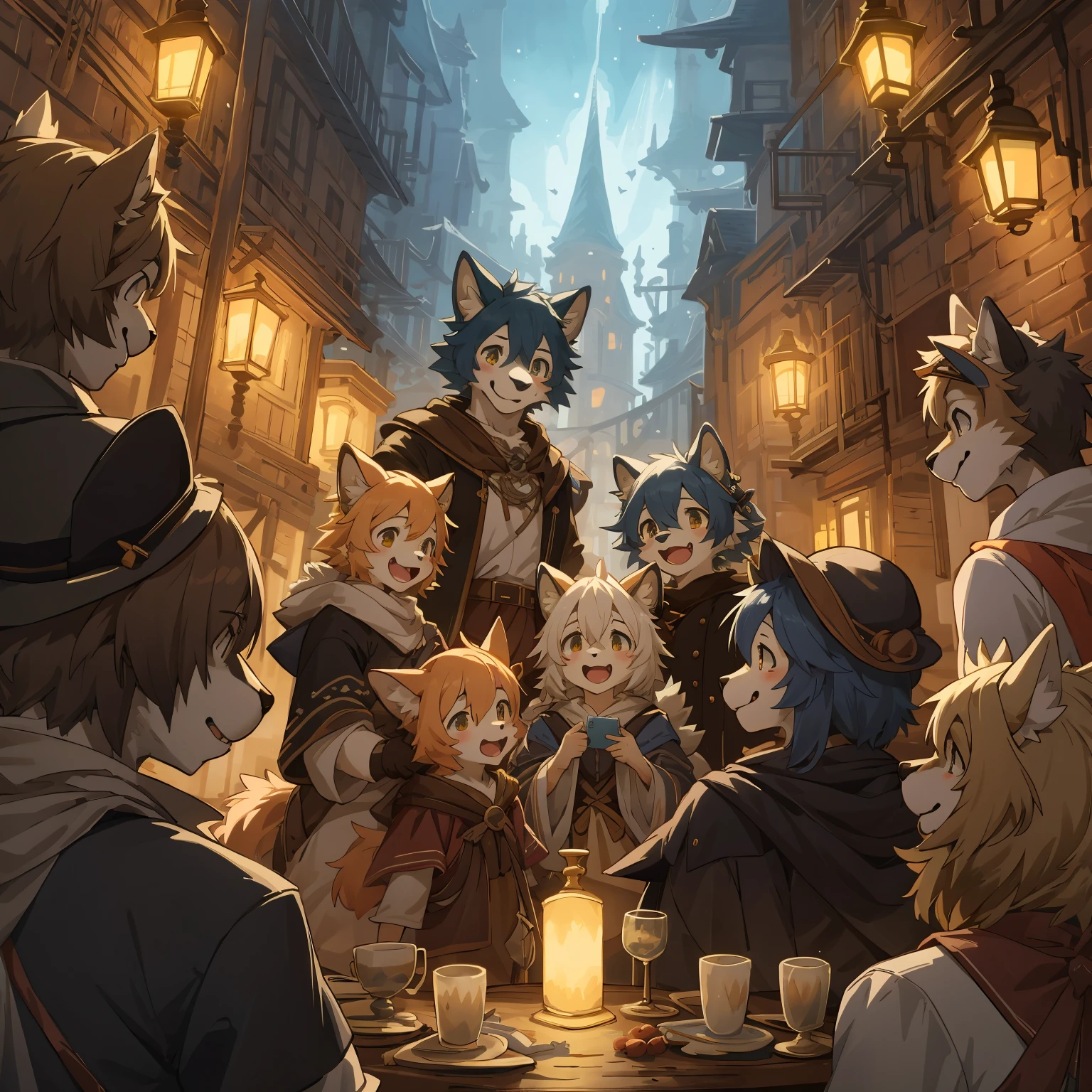 cover_page, highres, top quality, best quality, paid reward available, High-quality illustrations, unparalleled masterpiece, perfect artwork, absurdres, super high resolution, detailed background, Gaslight Fantasy, Beautiful World Heritage, group shot, 6+boys, 6+girls, Happy, joyful(Photo of family trip)(kemono, furry anthro)cinematic lighting, dynamic angle,