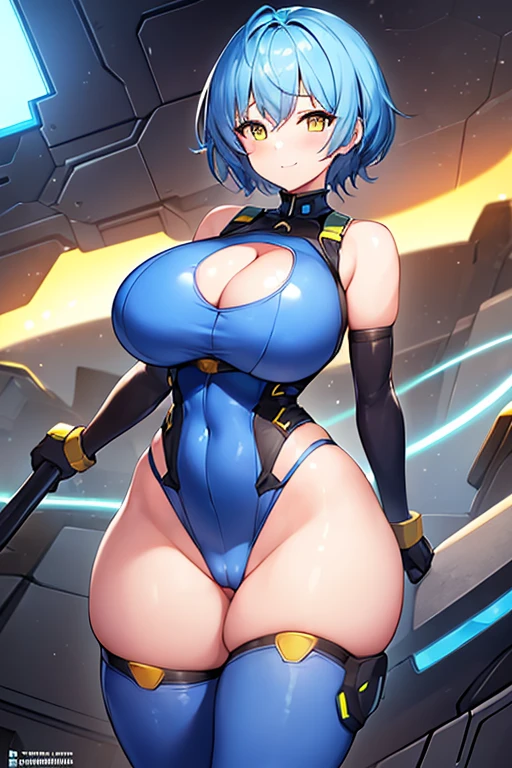 1girl, wide hips, thick thighs, breasts, large breasts, futuristic, tech, science-fiction, machinery, blue hair, very short hair, yellow eyes, light smile, smile, bodysuit, white bodysuit, blue trim, thigh strap, cleavage cutout, cleavage, cameltoe, gloves