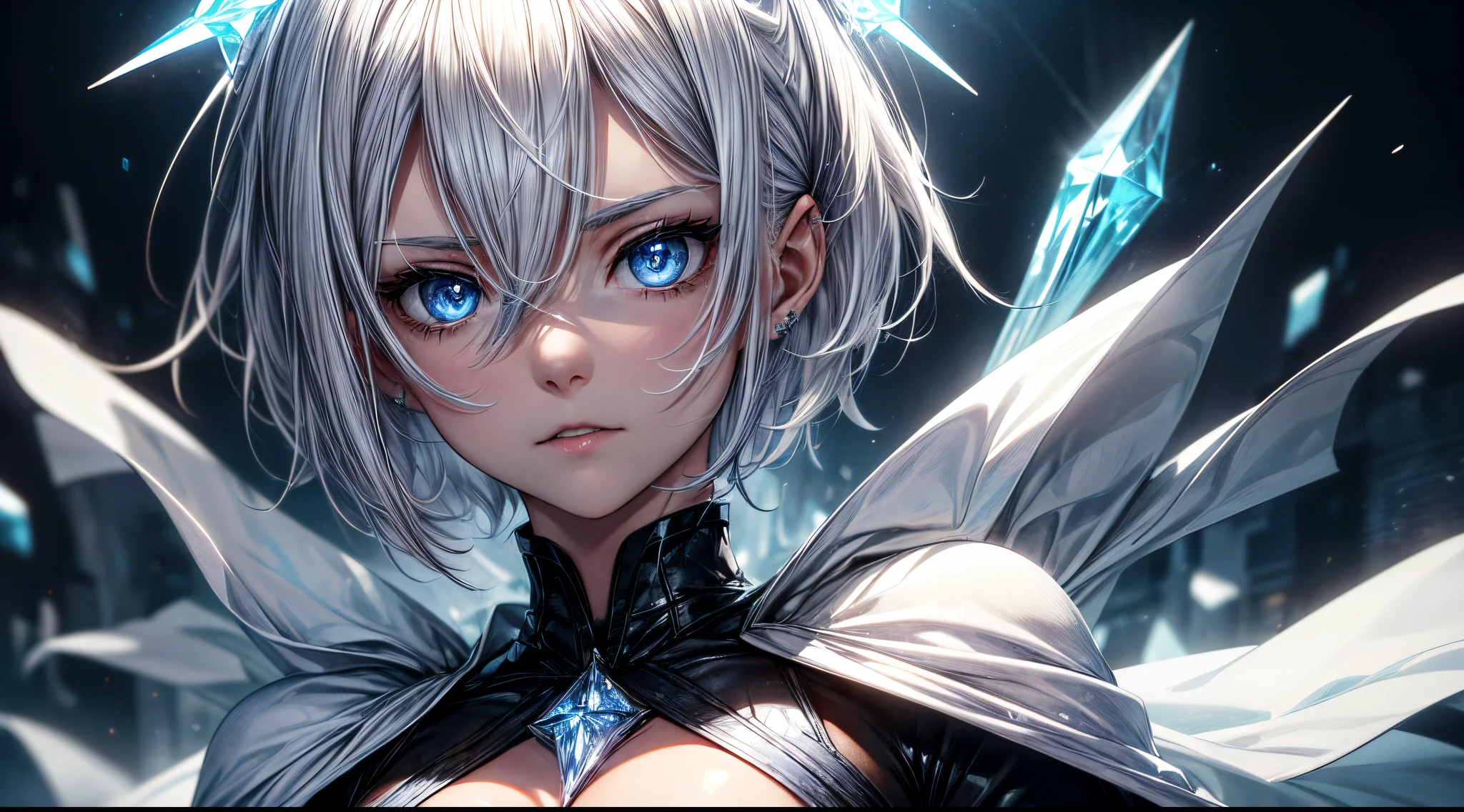 (a)woman,young,19 years old,shorthair white hair,(shorthair:white hair:1.1),skin as white as snow,cold gaze,black clothes,[grey robe],cape,half body,(background:blue lights),(blue-eyed:crystal eyes),(ice blue eyes),(icy:blue eyes),(intense:blue eyes),(crystal clear eyes),(intense gaze),(sharp gaze),(piercing gaze)