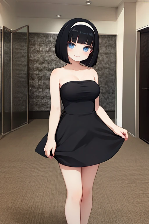 strapless tube dress, black dress, smile, bob cut, hairband, ??????????????, black hair, blue eyes, ballroom, standing,