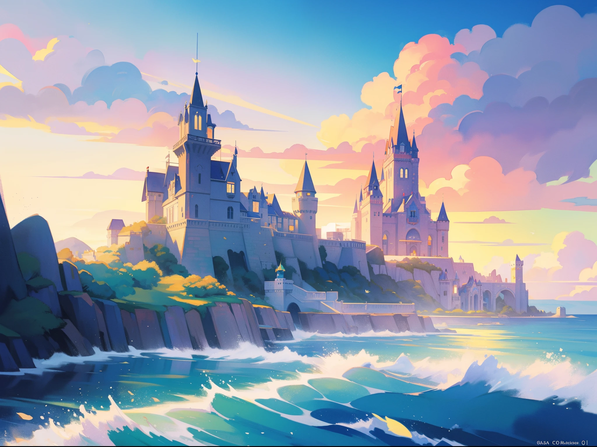 picture book illustration, watercolor storybook illustration, ((seaside castle)), (ocean beach), ((mermaid castle)), fairytale towers, clouds, vibrant pastel colors, dream, colorful, whimsical, magical, masterpiece, best quality, sharp focus, intricately detailed environment, fine detail, 8k resolution, (colorful), cute