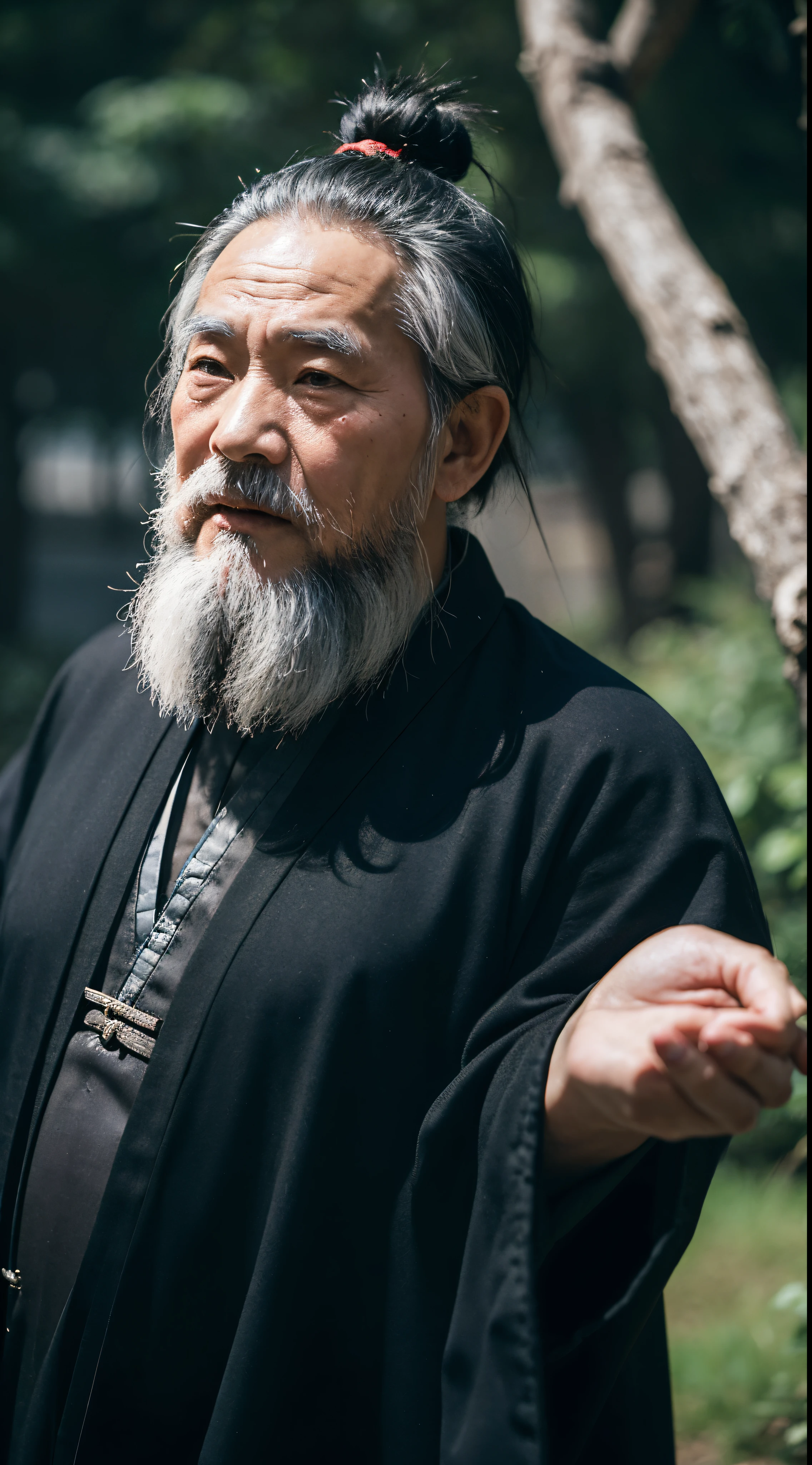 In the mountains, Chinese old man with long white beard,He was a Taoist priest, Wearing a black robe,Kind face,frontal photos,black color hair