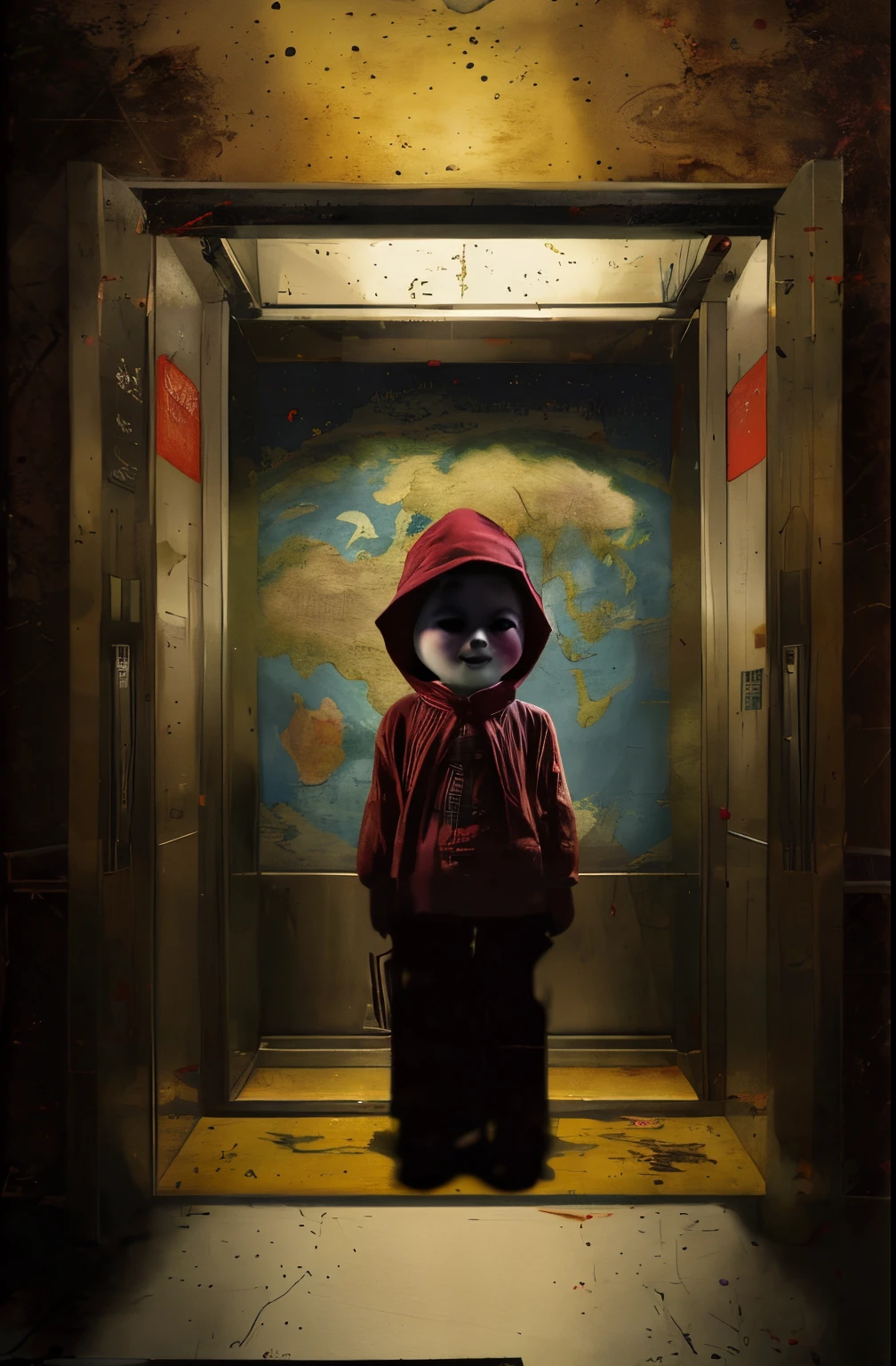 Elevator with map,There is a big-headed doll that looks like a New Year picture standing in the elevator.,Thriller and spooky atmosphere