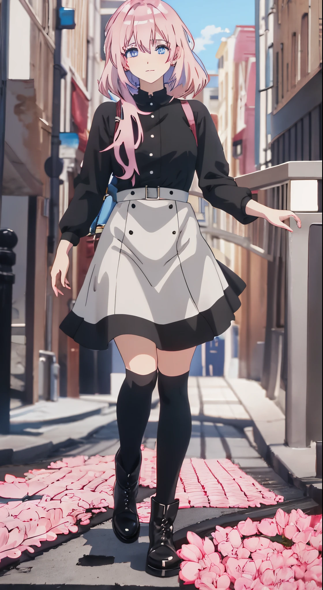 anime girl in a black and white dress and brown boots, made with anime painter studio, anime full body illustration, full body portrait of a short!, !!full body portrait!!, anime girl wearing a black dress, fullbody portrait, painted in anime painter studio,, anime moe artstyle, character full body portrait, pink hair, wearing long skirt. long pink hair, detailed face, beautiful face, cute face, beautiful blue eyes, masterpiece, high quality.