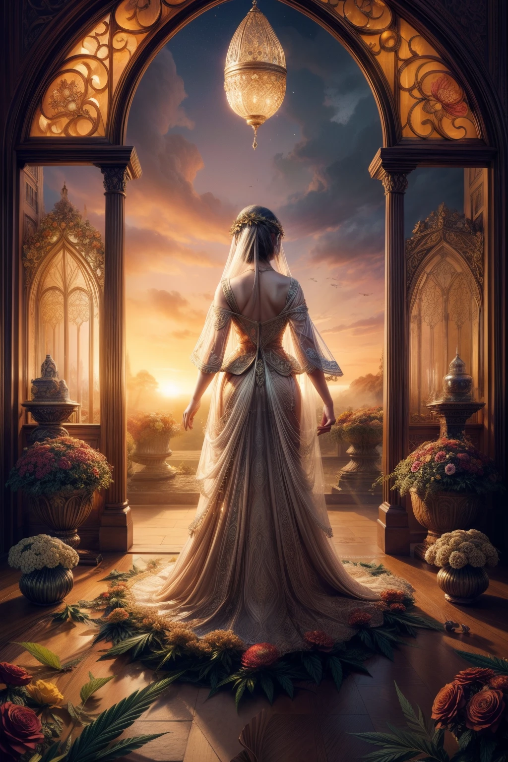 A beautifully crafted oval border encloses a symmetrical and exquisitely detailed image in an epic fantasy style. Inside this image, an hourglass takes center stage, emanating an air of mysticism with its swirling smoke. The hourglass is adorned with cannabis leaves, adding a touch of nature's serenity to the scene. A vibrant sunset serves as the backdrop, casting warm hues across the entire composition. The intricately crafted mushrooms and flowers, reminiscent of paper craft, add whimsy and charm to the image. Overall, this mesmerizing artwork captures the viewer's attention with its meticulously depicted details and impeccable quality.