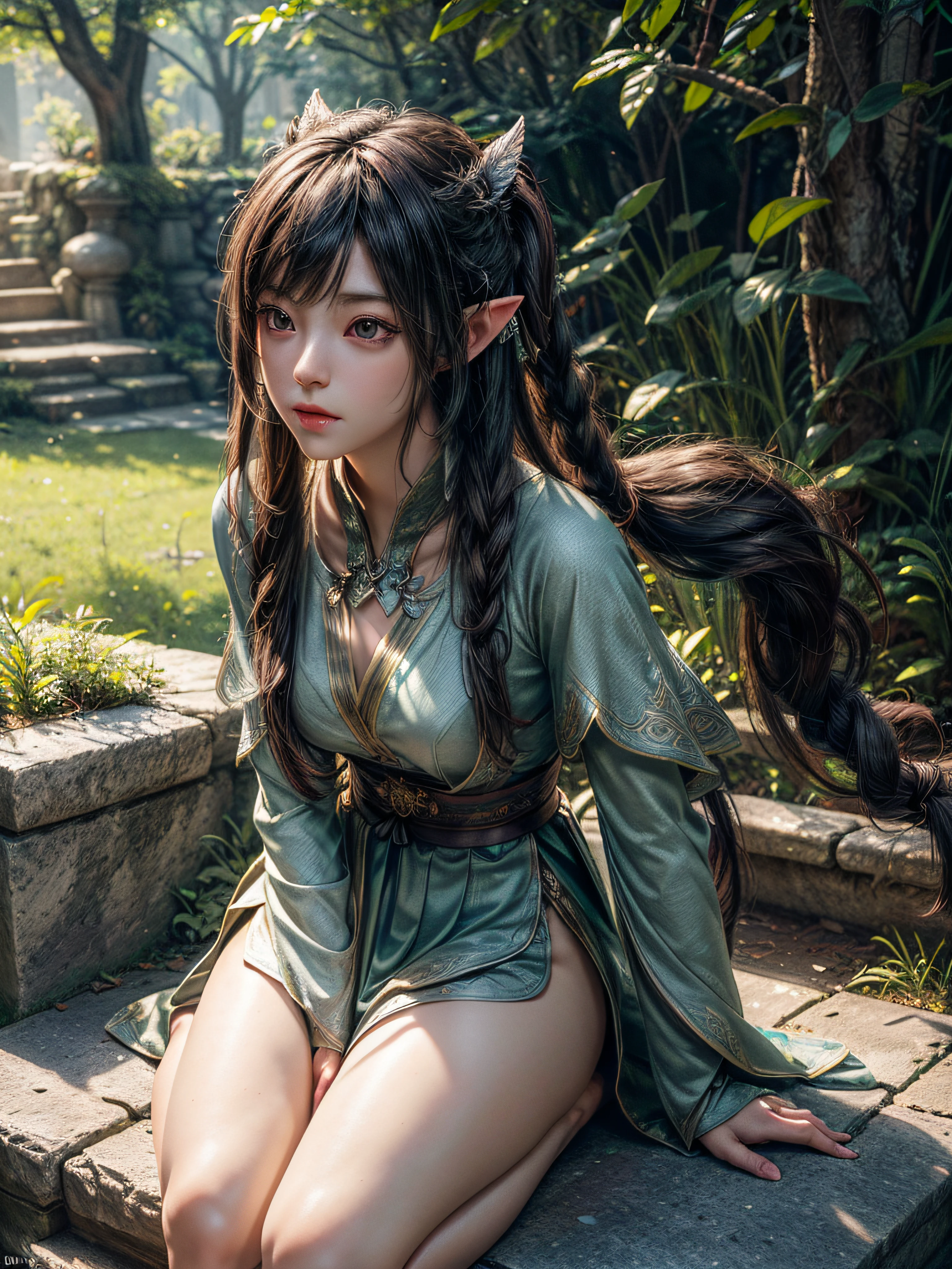 ((Best Quality)), ((Masterpiece)), (Detail: 1.4), 3D, A Beautiful japanese Female Figure, , HDR (High Dynamic Range), Ancient elven Costumes, Satin, Ray Tracing, NVIDIA RTX, Super-Resolution, Unreal 5, Subsurface Scattering, PBR Textures, Post-processing, Anisotropic Filtering, Depth of Field, Maximum Sharpness and Clarity, Multi-layer Textures, Albedo and Highlight Maps, Surface Shading, Precise simulation of light-material interactions, perfect proportions, Octane Render, bi-color light, large aperture, low ISO, white balance, rule of thirds, 8K RAW, finger detailing, refined facial features, focus on the face, (at ancient elven garden), ((Extremely Normal Hands, Extremely Normal Legs)), (brown twin tail hair, side bangs), medium full breasts:1.2, (shot from front)