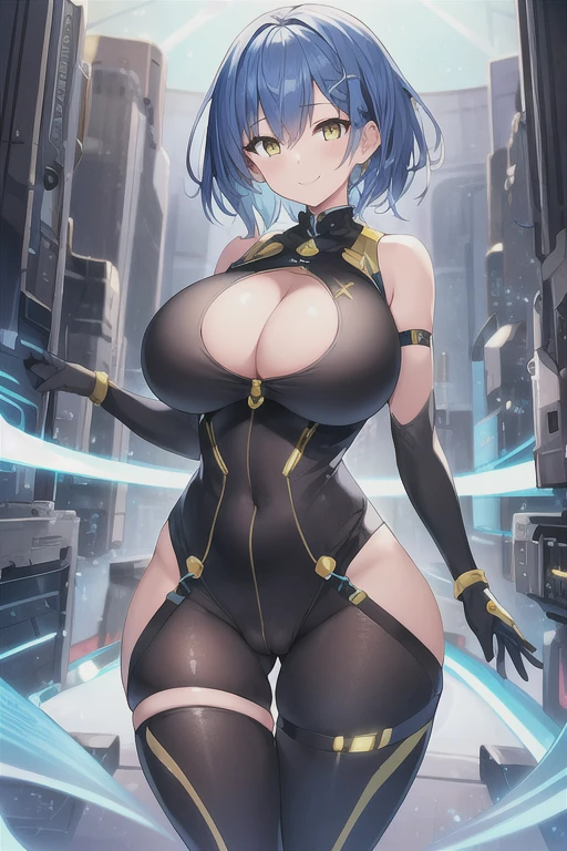 1girl, wide hips, thick thighs, breasts, large breasts, futuristic, tech, science-fiction, machinery, blue hair, very short hair, yellow eyes, light smile, smile, bodysuit, white bodysuit, blue trim, thigh strap, cleavage cutout, cleavage, cameltoe, sleeveless