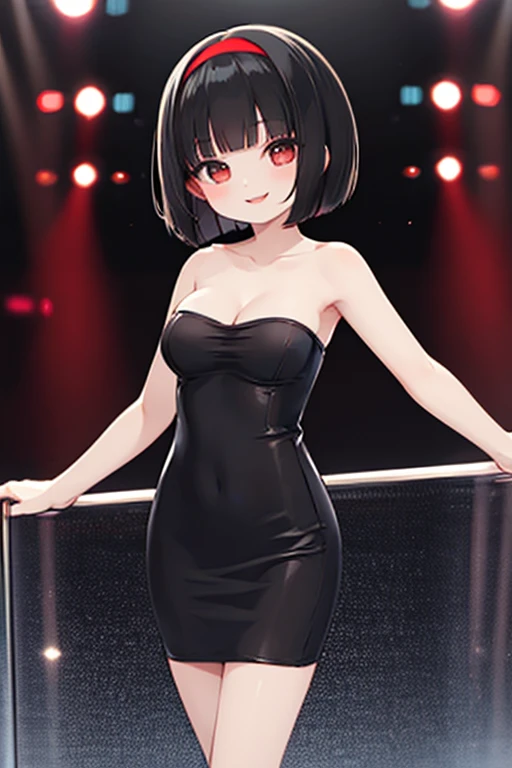 black strapless tube dress, medium breasts, smile, lips, bob cut, black hair, red hairband, ballroom, disco lights,