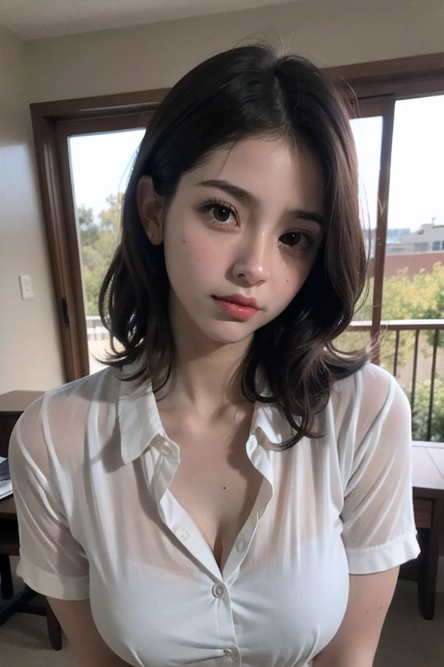 profesional, (Foto 4k:1.1) por (Jeremy Lipking:0.3), (Dittmann Anna:0.3), (Marca ariana:0.3), (foco nítido:1.3), High detail, Vistiendo (Camisa ajustada:1.2), Hermosa cara detallada, Ojos color avellana, cabello largo y rubio, (Mujer joven atractiva:1.3), (seductor:1.1), (ruboroso:1.1), Forma del cuerpo con curvas, small and round breasts, caderas anchas