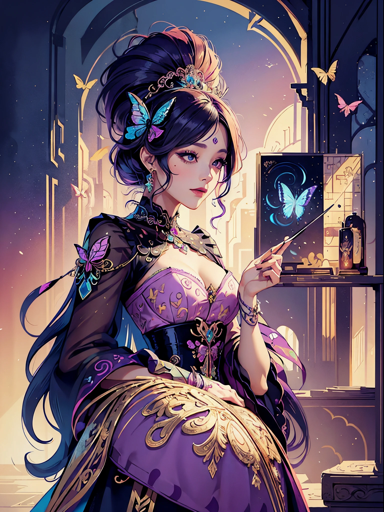 Butterfly motif、purple and black keynotes、Vibrant colors、((masterpiece)))、(((top-quality)))、((ultra-detailliert))、(A hyper-realistic)、(highly detailed CGillustration)、Official art、Rome at the beginning of the 20th century、Decadent、Madame Papillon、Cool Beauty、Masquerade、refinement、Elegance、Gorgeous、Masks that cover most of the face、Colorful and detailed mask design、matchless beauty、Fans、gorgeous dress、jewely、Female Solo、Perfect Angle、perfect-composition、