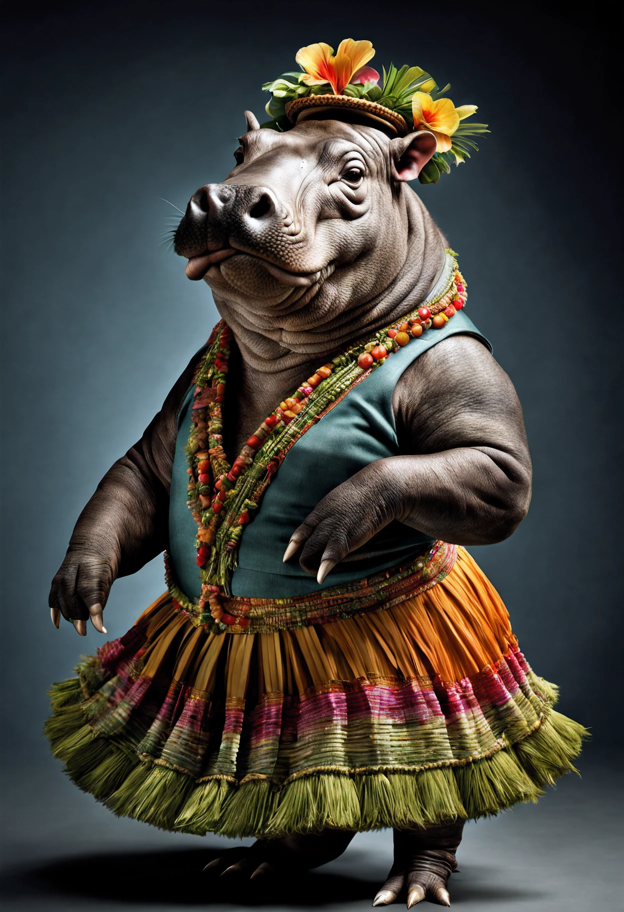 photorealistic portait of Dressed animals - a hippopotamus hula dancer, high quality, highly detailed, studio lighting,