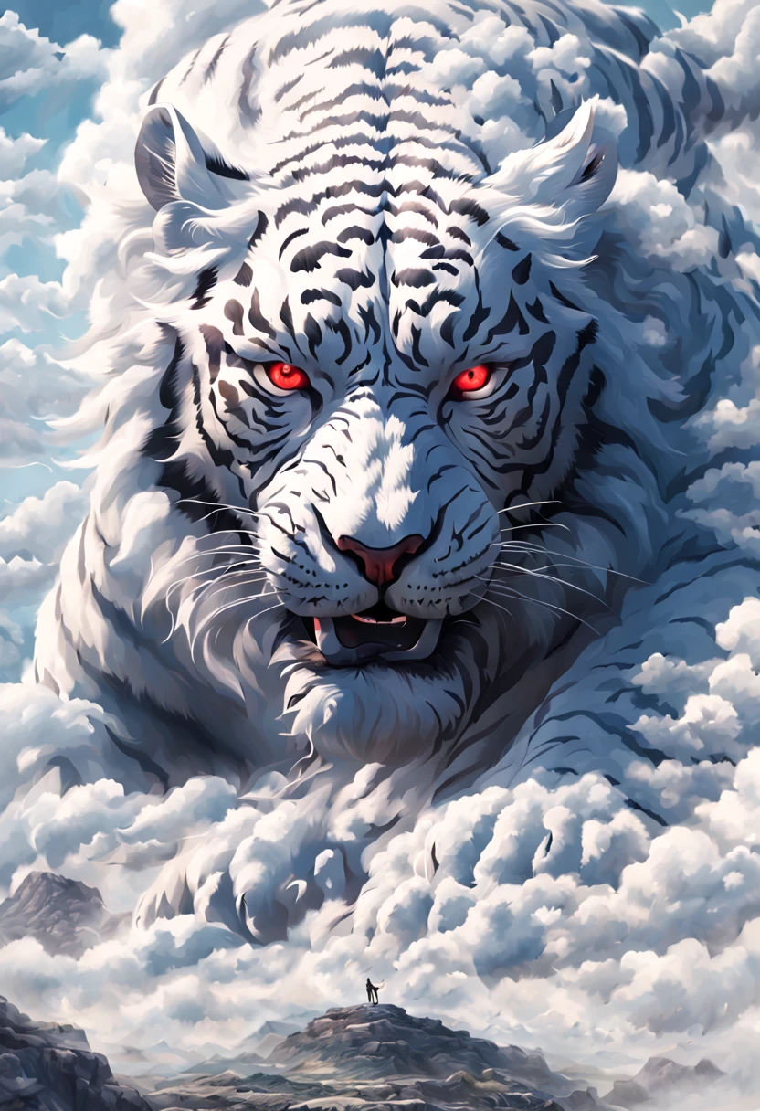Hyperrealistic art BJ_Sacred_beast, red_eyes, outdoors, horns, sky, teeth,day, cloud, cloudy_sky, scenery, smoke, mountain, white tiger, cinematic lighting,strong contrast,high level of detail,Best quality,masterpiece, Extremely high-resolution details, photographic, realism pushed to extreme, fine texture, incredibly lifelike