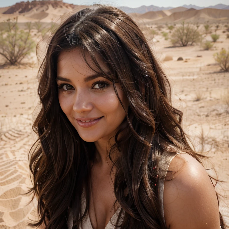 Ultra-realistic image of a woman in her 30s with very thick hair posing in the desert, wavy dark brown hair and a beautiful smile having a nice time. Sus ojos son de un tono avellana profundo, highlighted by long eyelashes and a sensual look. Con traje de desierto. En un desierto caluroso