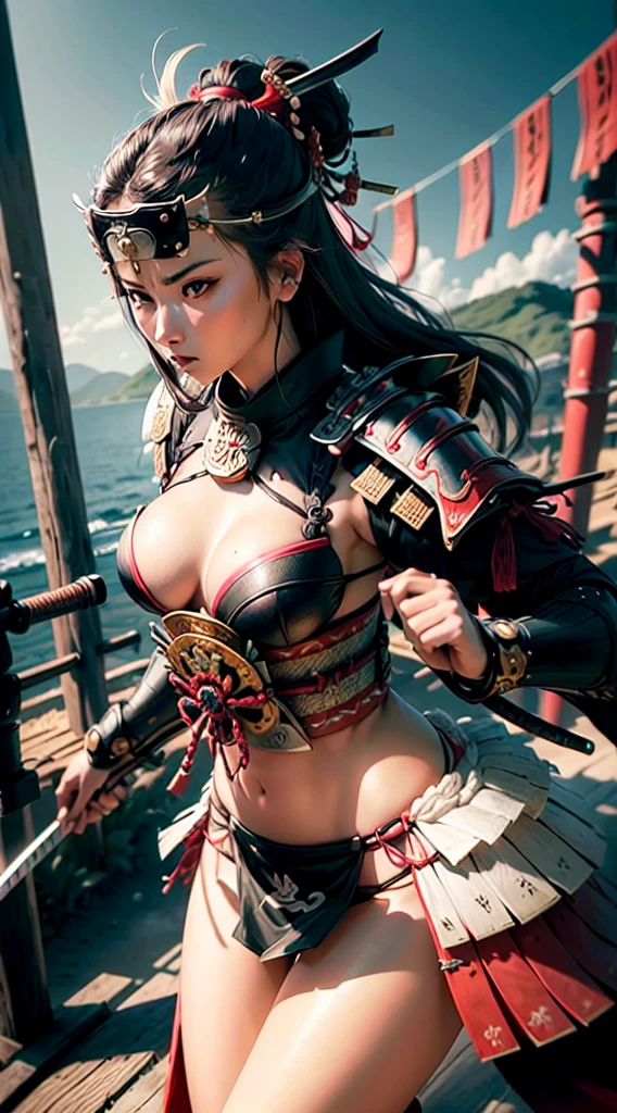 ((mulher baseada no samurai)), seios grandes, medium hips, ((ultra realista)), bikini samurai armor, usando um Kabuto samurai, Icons, cores vibrantes, estilo vetorial, arte digital, ultra HD, 4k, detalhes intrincados, hipnotizante, ultra qualidade, feito profissionalmente, beautiful vector illustration, 12k resolution, ..3d, todos os caracteres detalhados em comprimento total, ((altamente detalhado)), ((vibrante)),((Ultra alta qualidade)), ((hiperrealismo)), ((fotorrealismo)), [octan rendering] , na cidade japonesa realista)