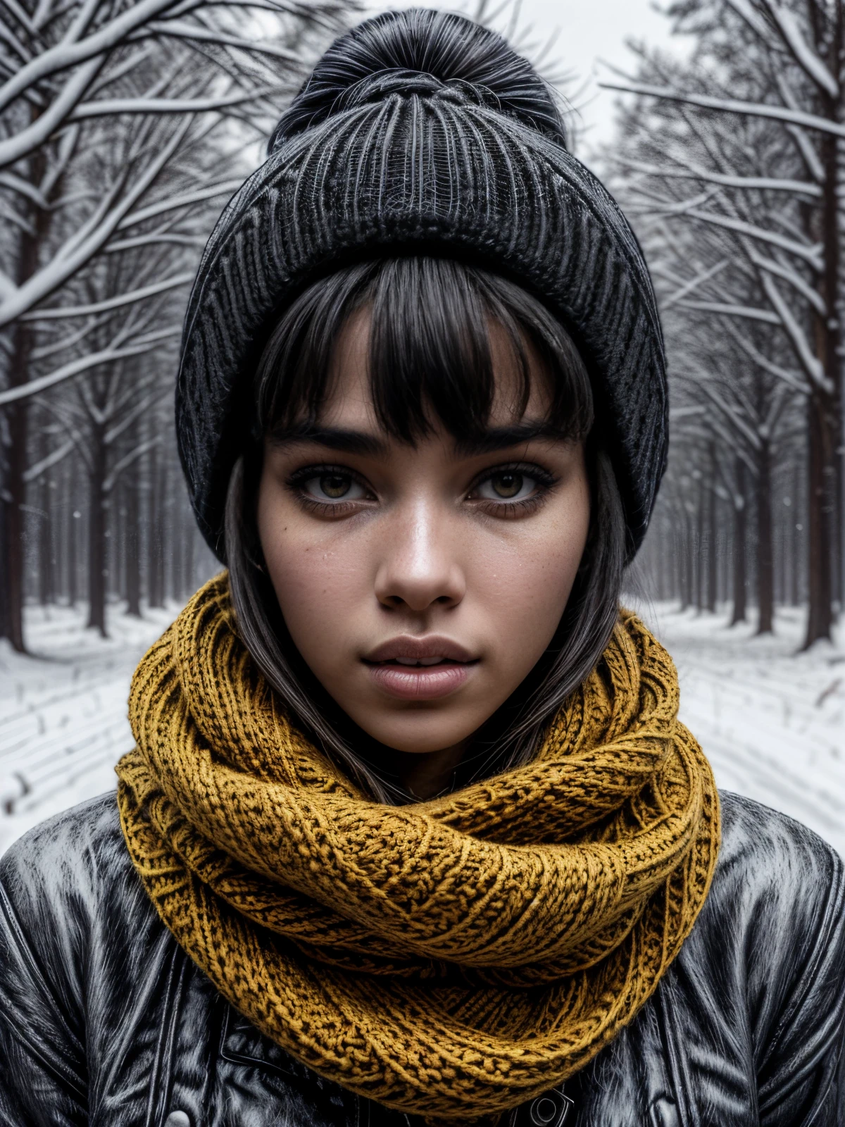 photo of a gorgeous young ebony girl ars old in the style of stefan kostic, dua lipa, very long hair, very big yellow eyes, realistic skin texture, look down, black Knitted scarf, yellow jacket, black leggings, slender hips, stunning woman, . Model show, sexy pose, Soft Kama Sutra, 8 k high definition, insanely detailed, intricate, elegant, shot by professional photographer Amanda Carlson, winter, snow day, (more snow:1.3),